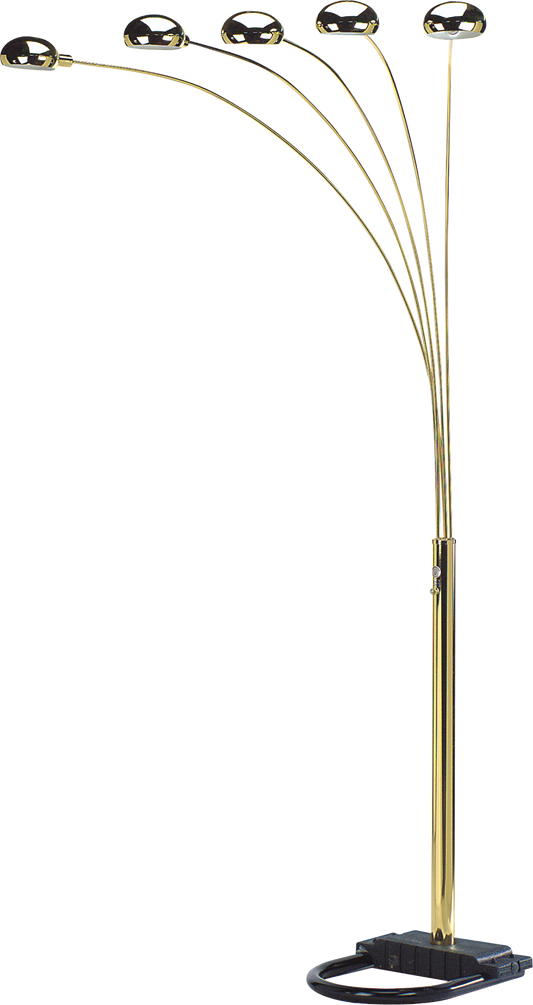 Brass arc floor lamp with five adjustable spotlights for modern living room