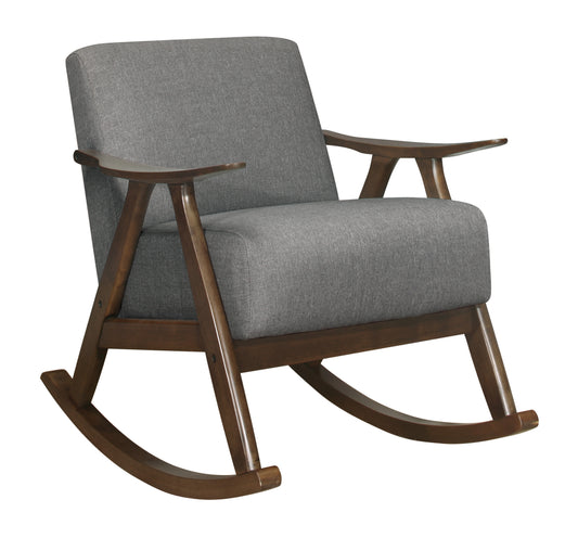 Midcentury modern grey fabric rocking chair with walnut wood frame