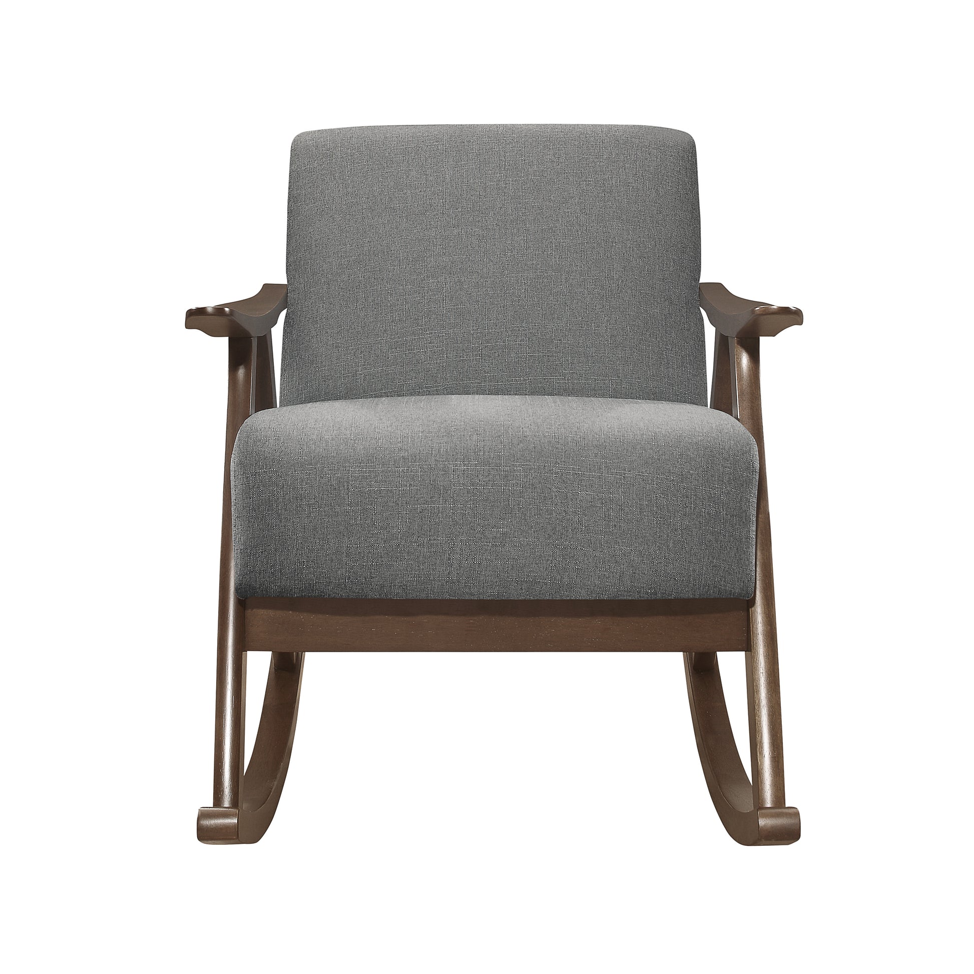 Grey fabric rocking chair with rich wood arms and base