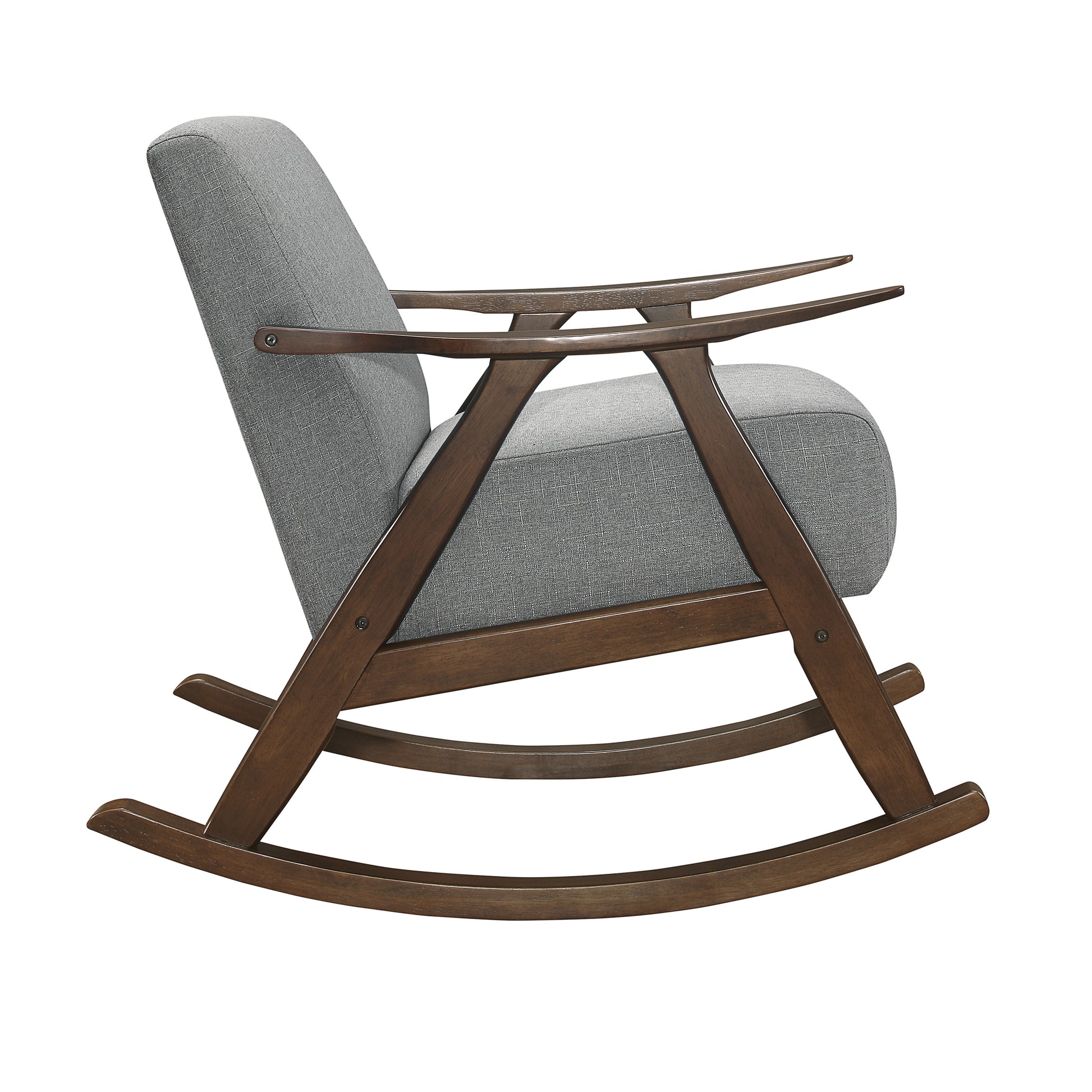 Modern grey fabric rocking chair with walnut wood frame
