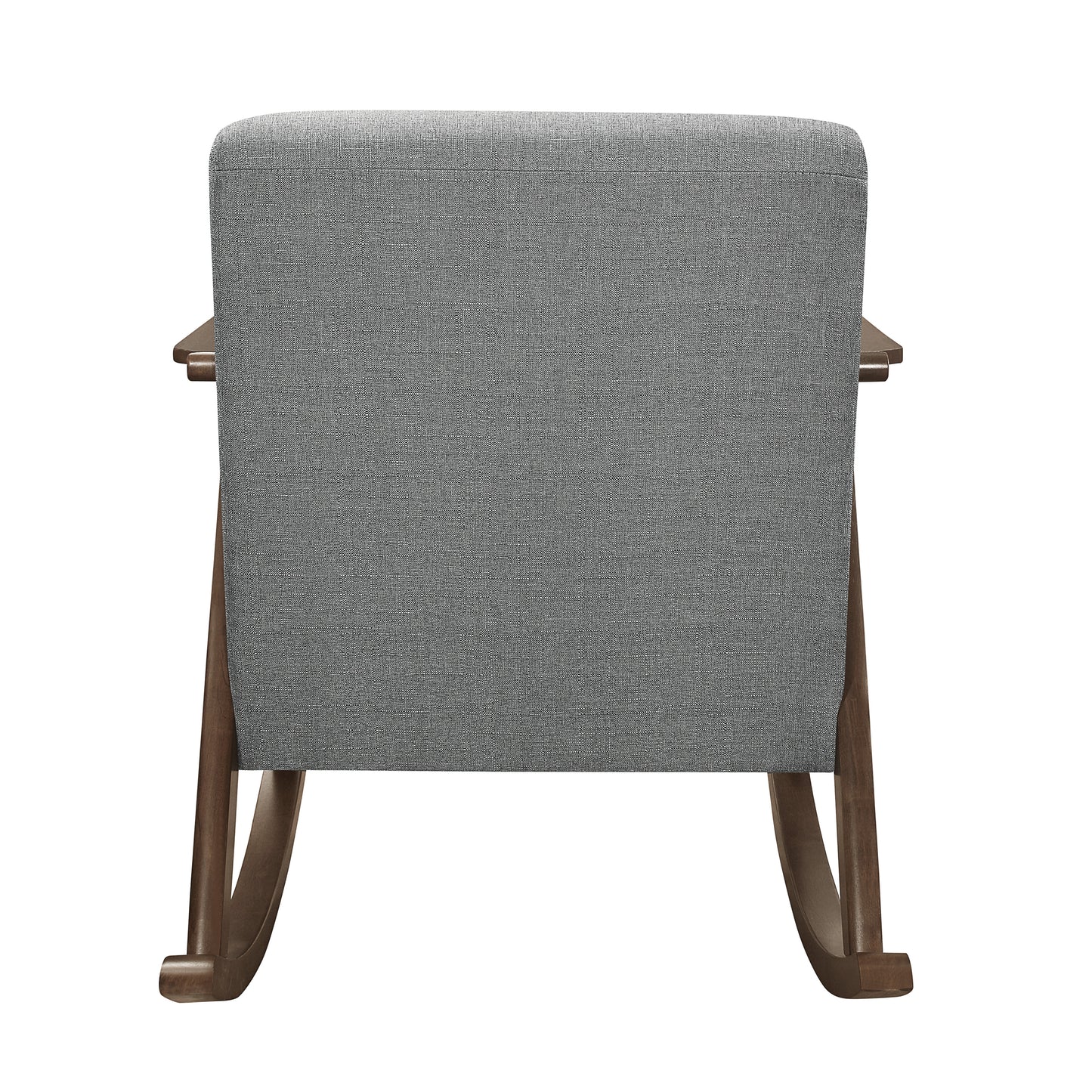 Back view of a grey upholstered rocking chair with dark wood frame