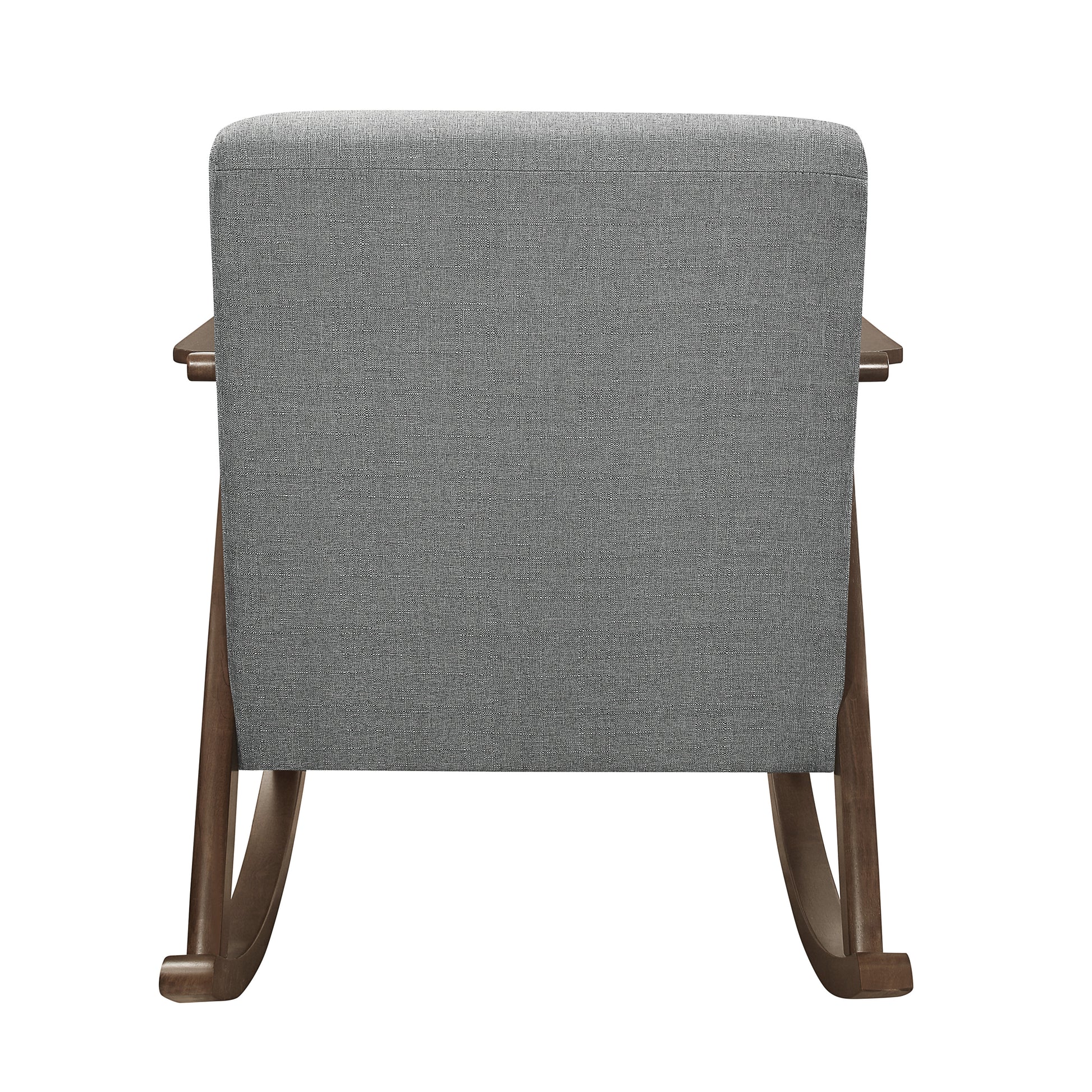 Back view of a grey upholstered rocking chair with dark wood frame
