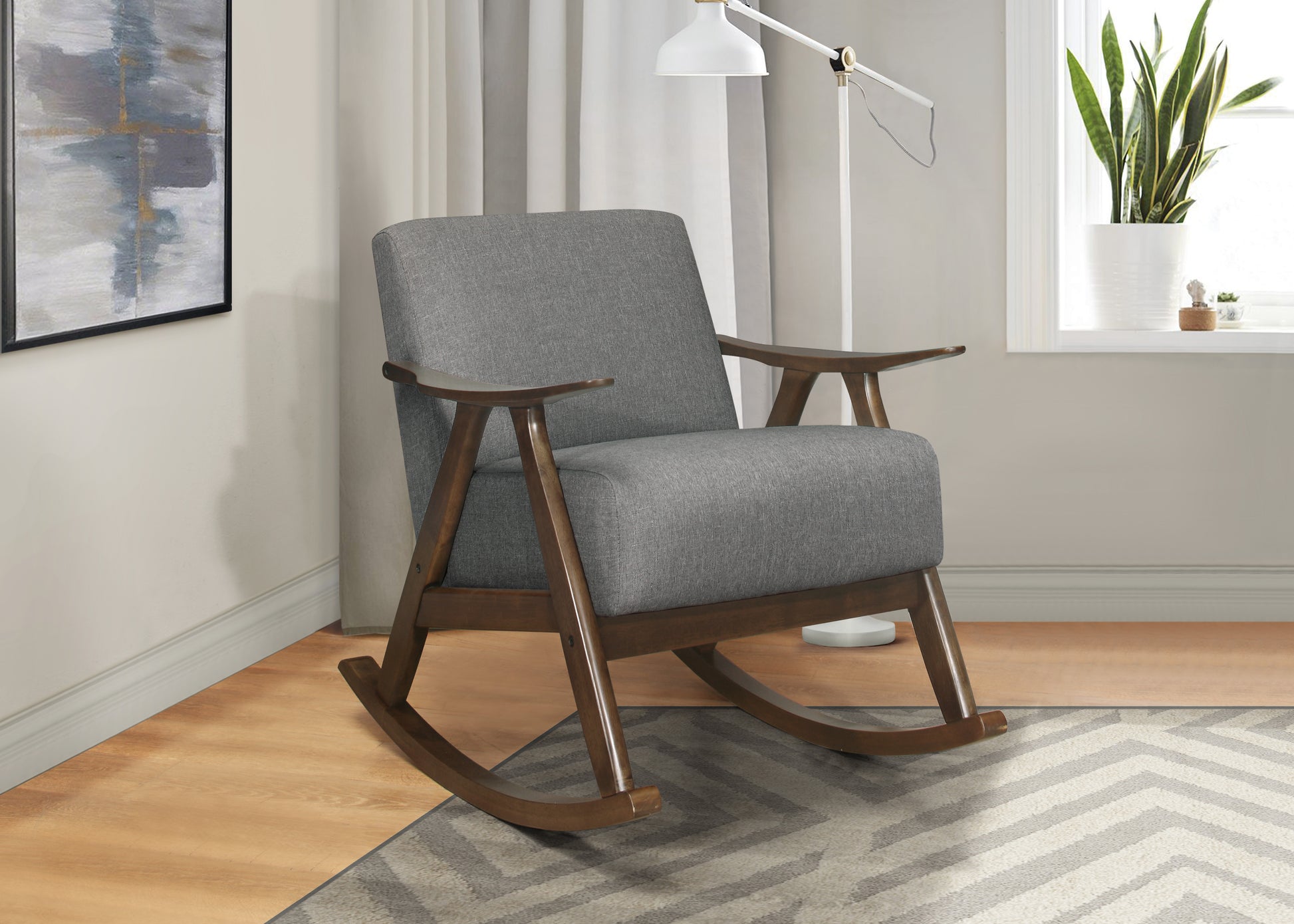Midcentury modern grey fabric rocking chair with walnut finish arms