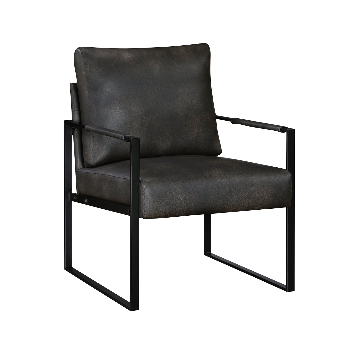 Dark gray distressed leather armchair with black metal frame