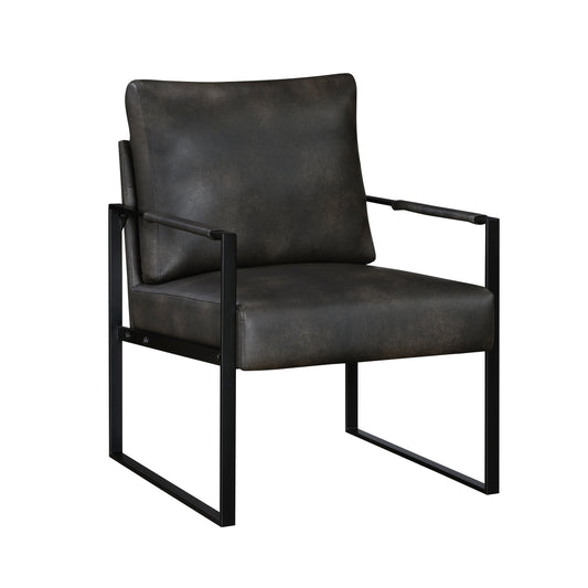 Dark gray distressed leather armchair with black metal frame