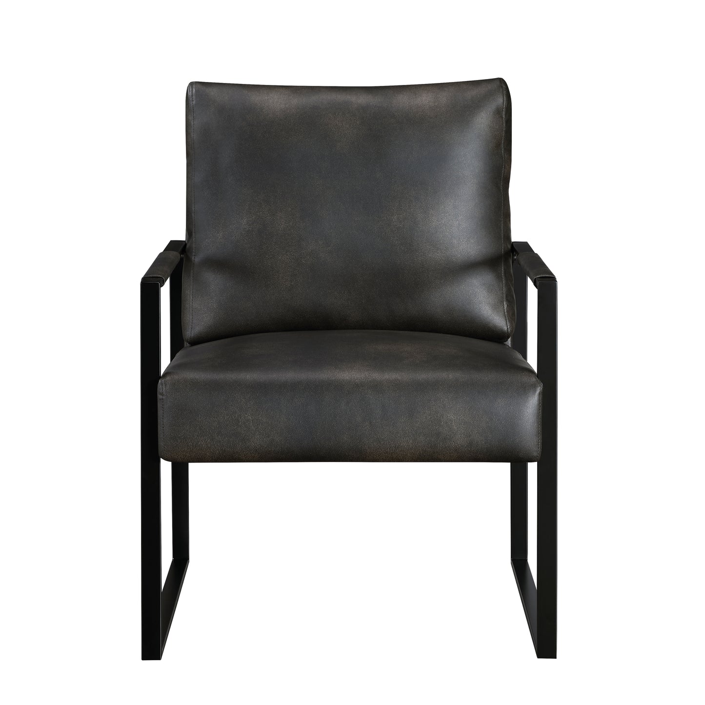 Dark gray distressed leather accent chair with black metal frame