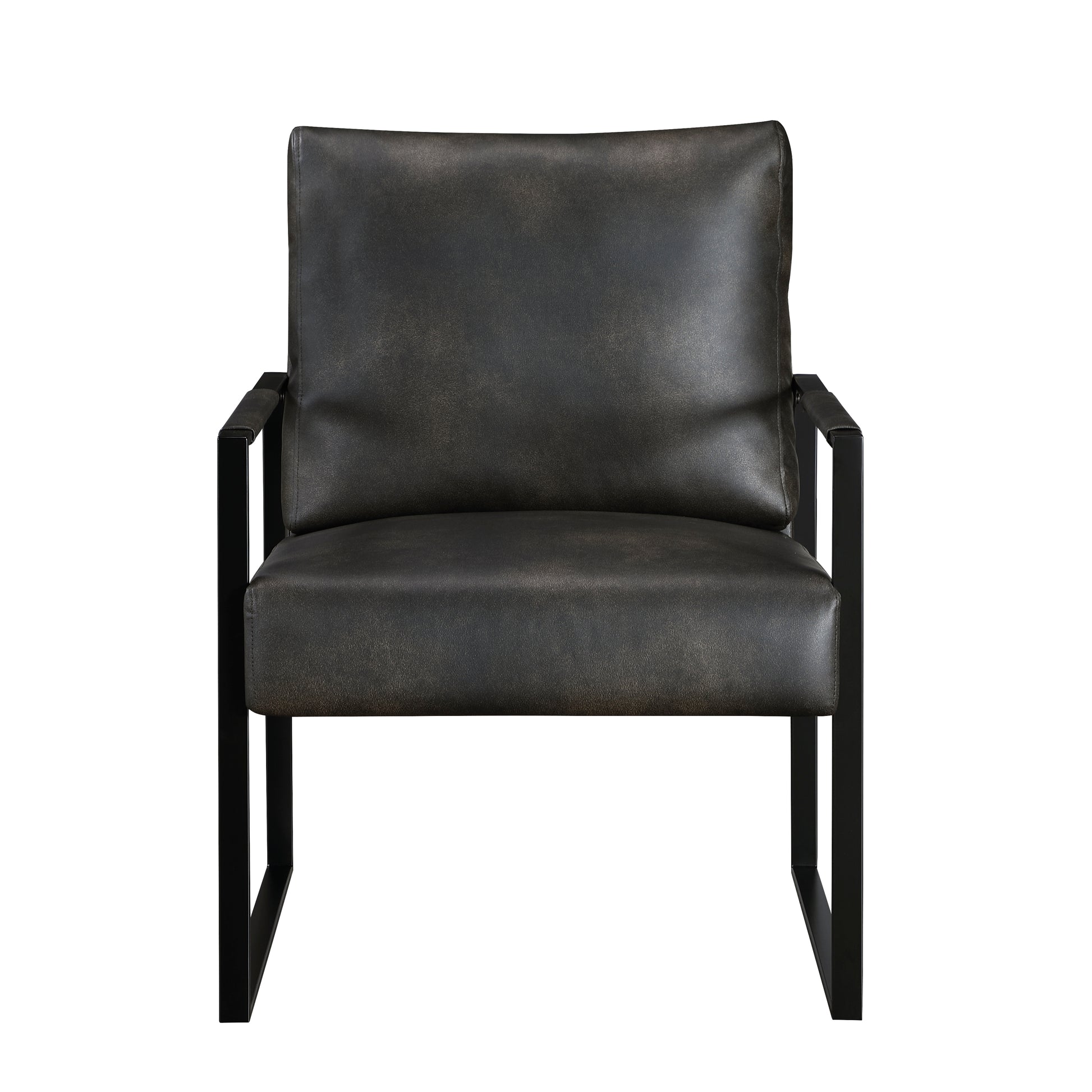 Dark gray distressed leather accent chair with black metal frame