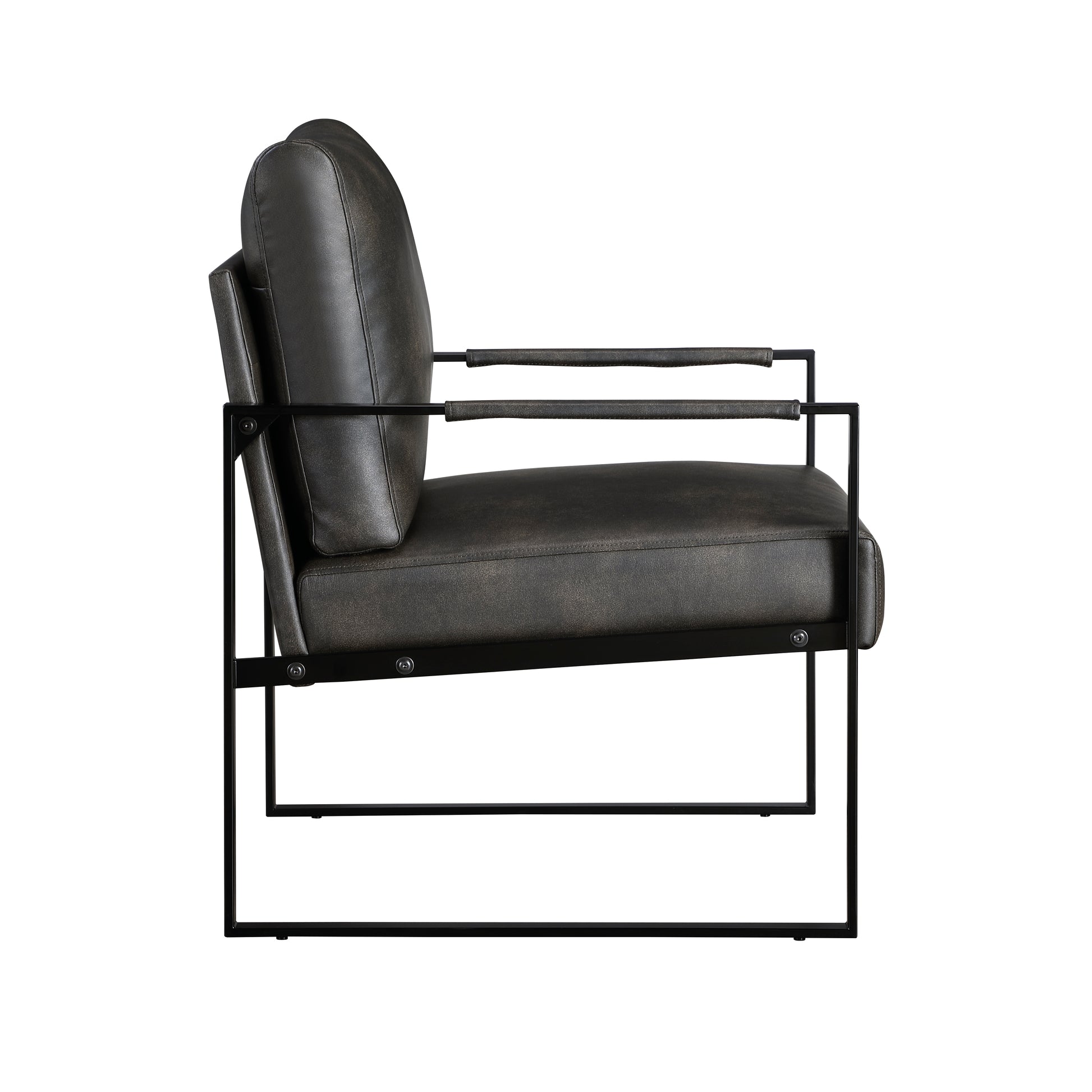 Distressed dark gray leather armchair with black metal frame and armrests