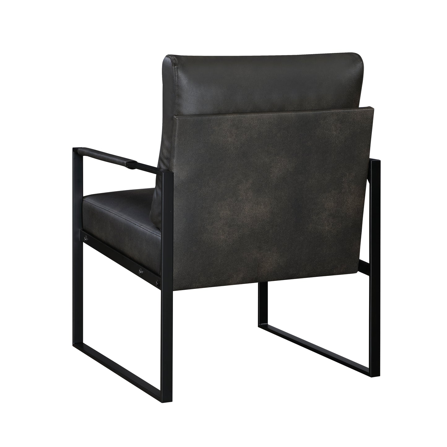 Black leather accent chair with industrial metal frame