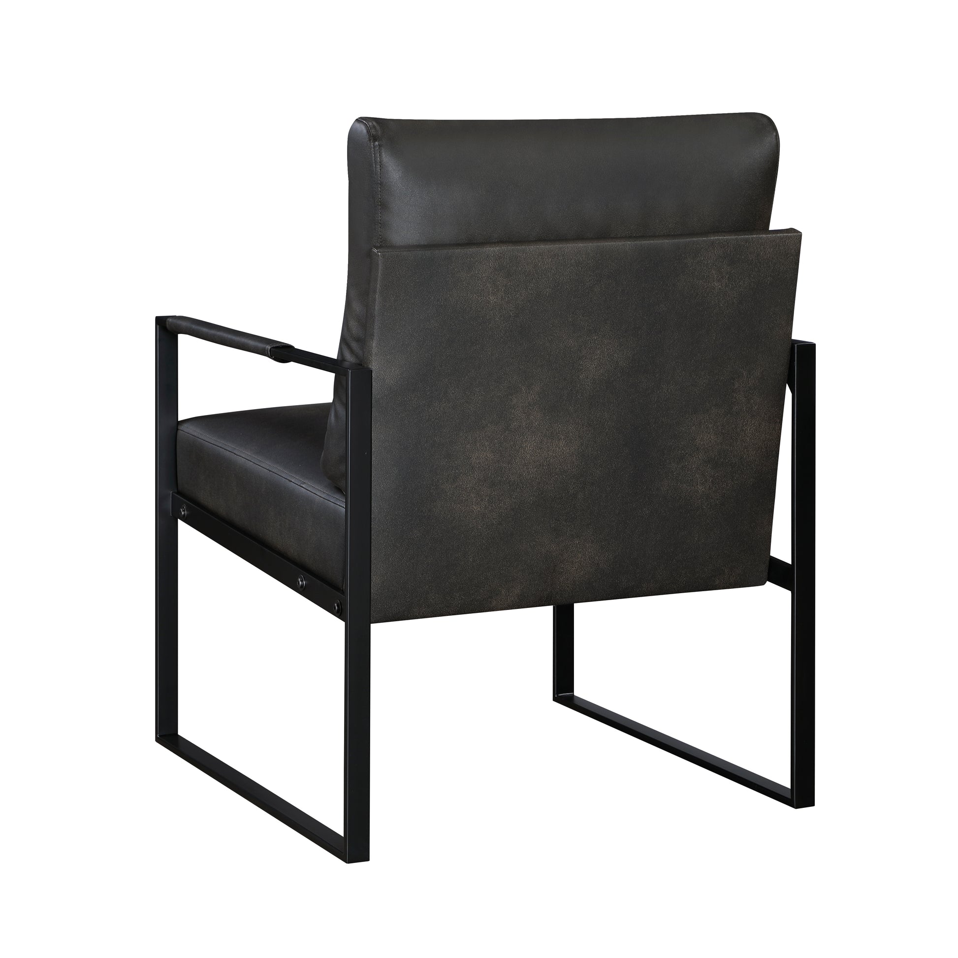Black leather accent chair with industrial metal frame