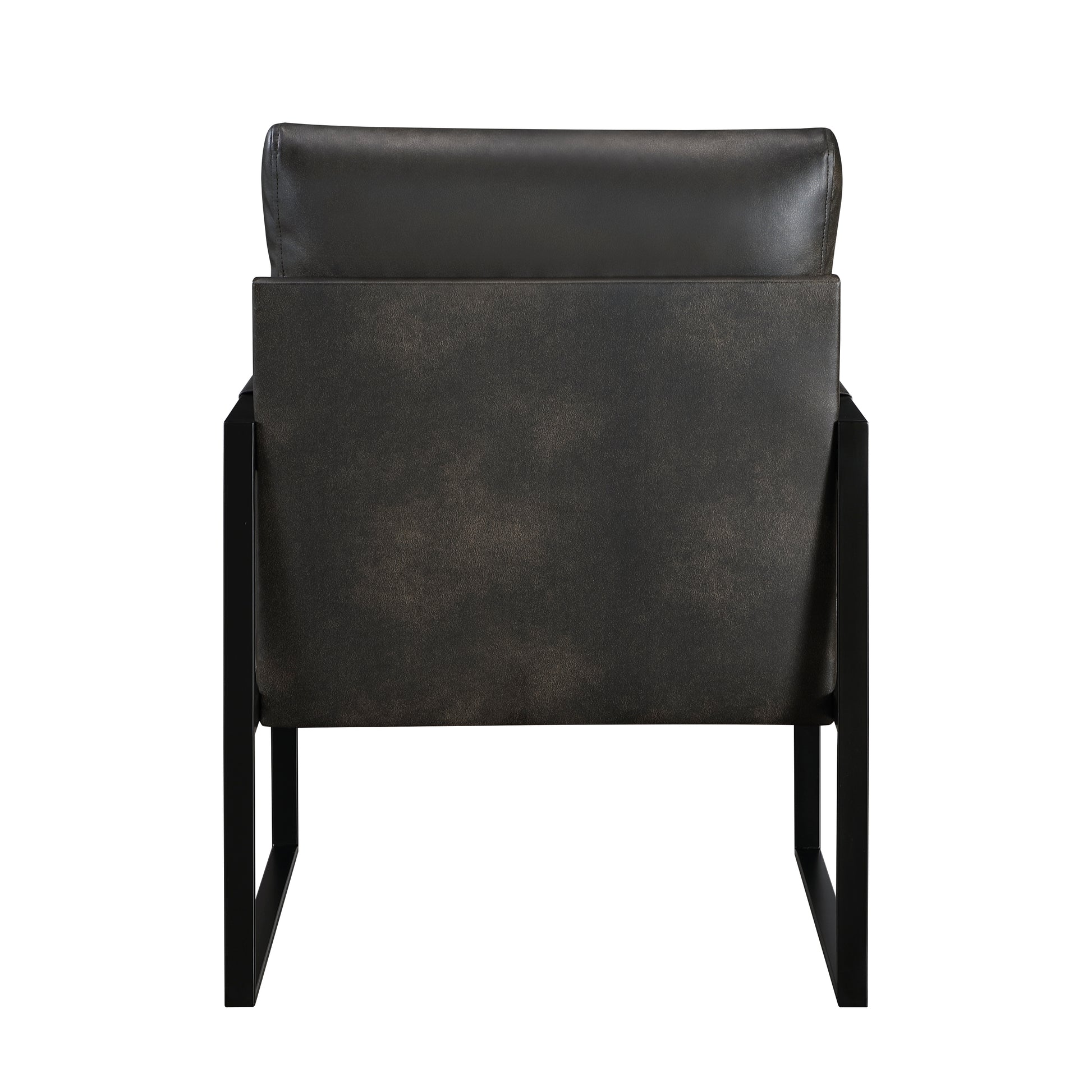 Modern dark grey distressed leather armchair with black metal frame view from back