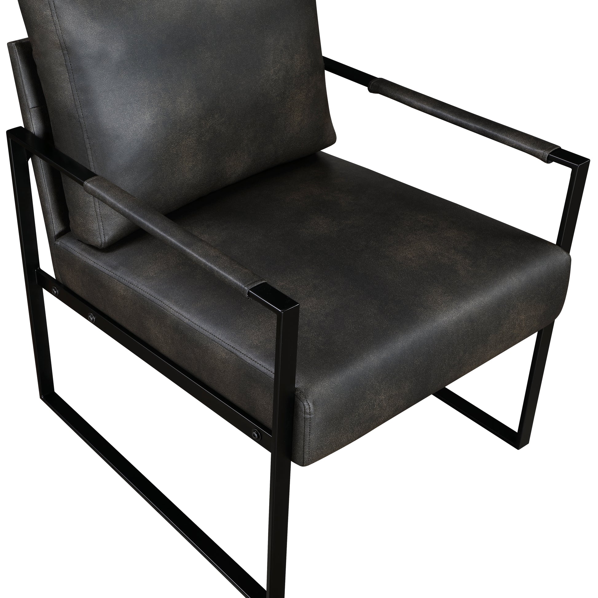 Distressed charcoal faux leather armchair with modern black metal frame and square arms
