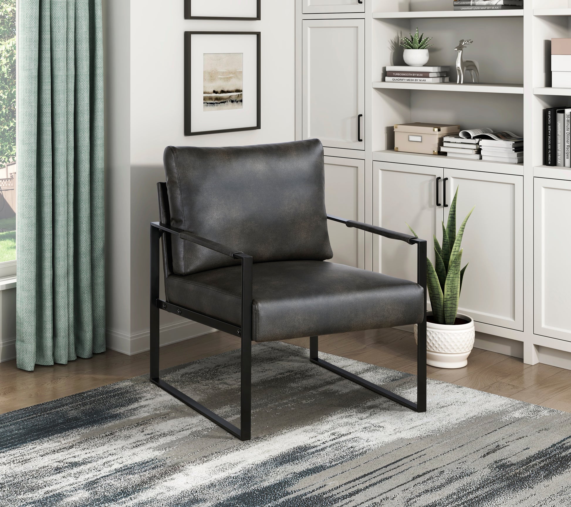 Dark charcoal faux leather accent chair with black metal frame