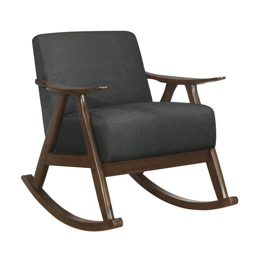 Dark gray upholstered wooden rocking chair with curved armrests