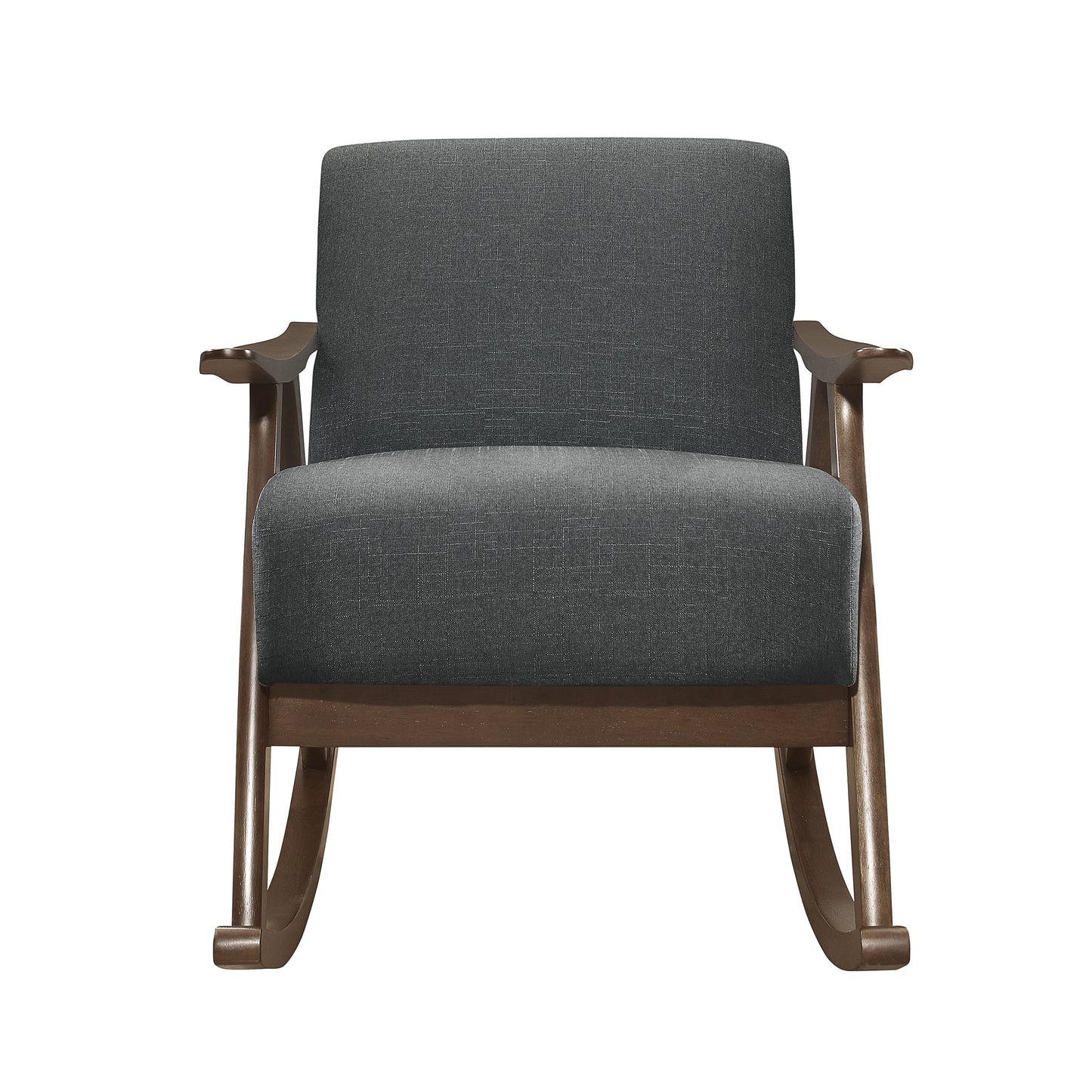 Contemporary grey fabric rocking chair with rich walnut wood frame and curved armrests