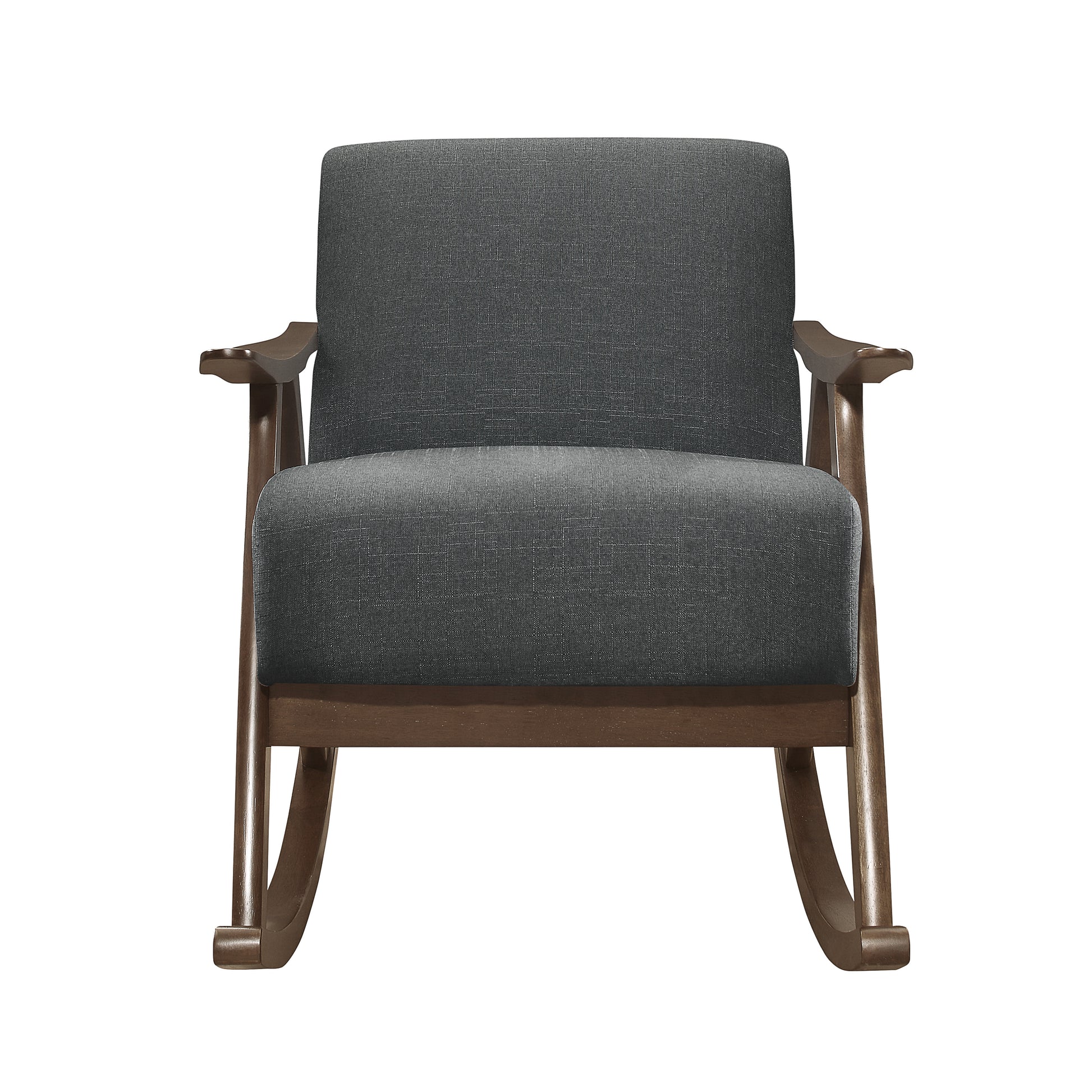 Contemporary grey fabric rocking chair with rich walnut wood frame and curved armrests