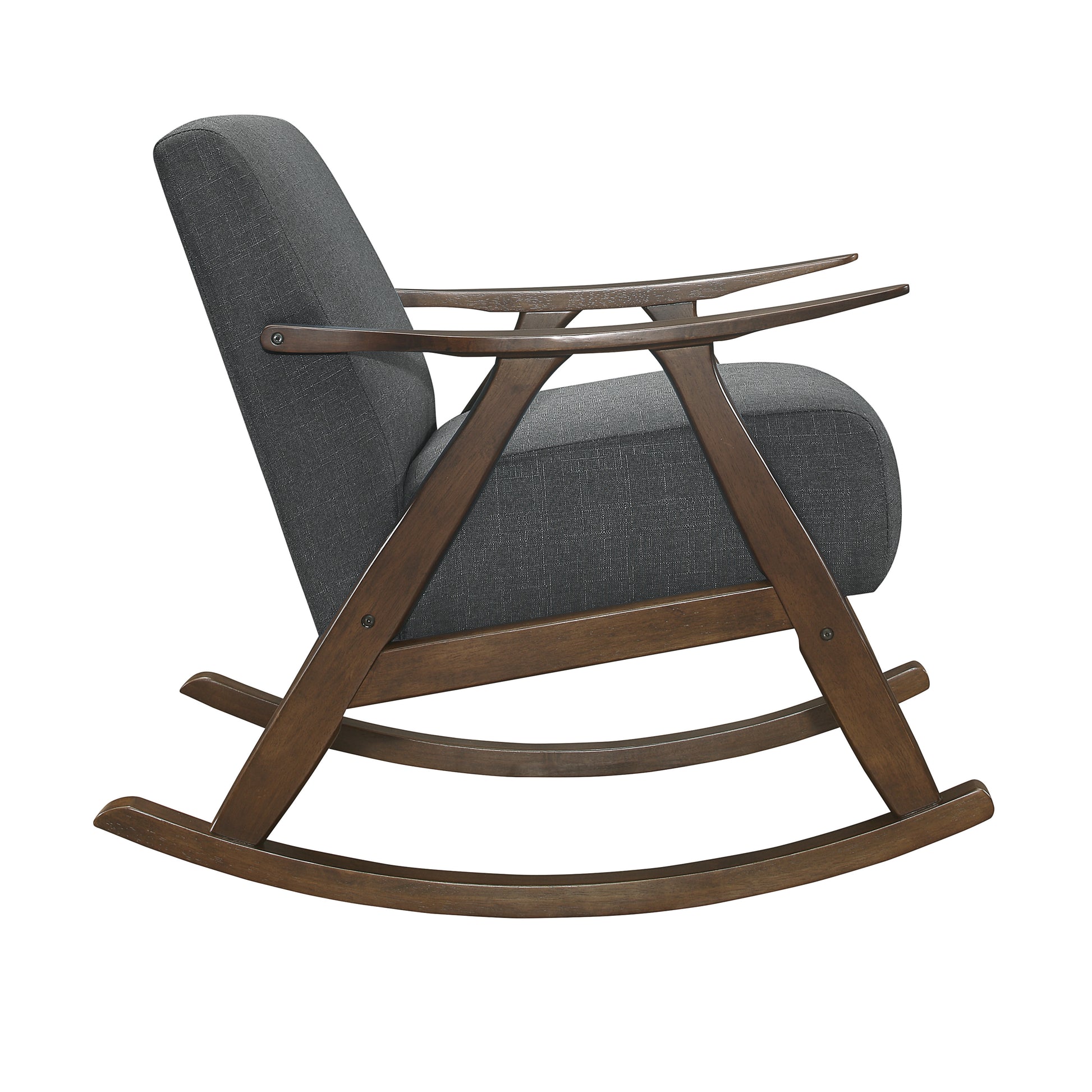 Dark grey fabric rocking chair with curved wooden armrests and base