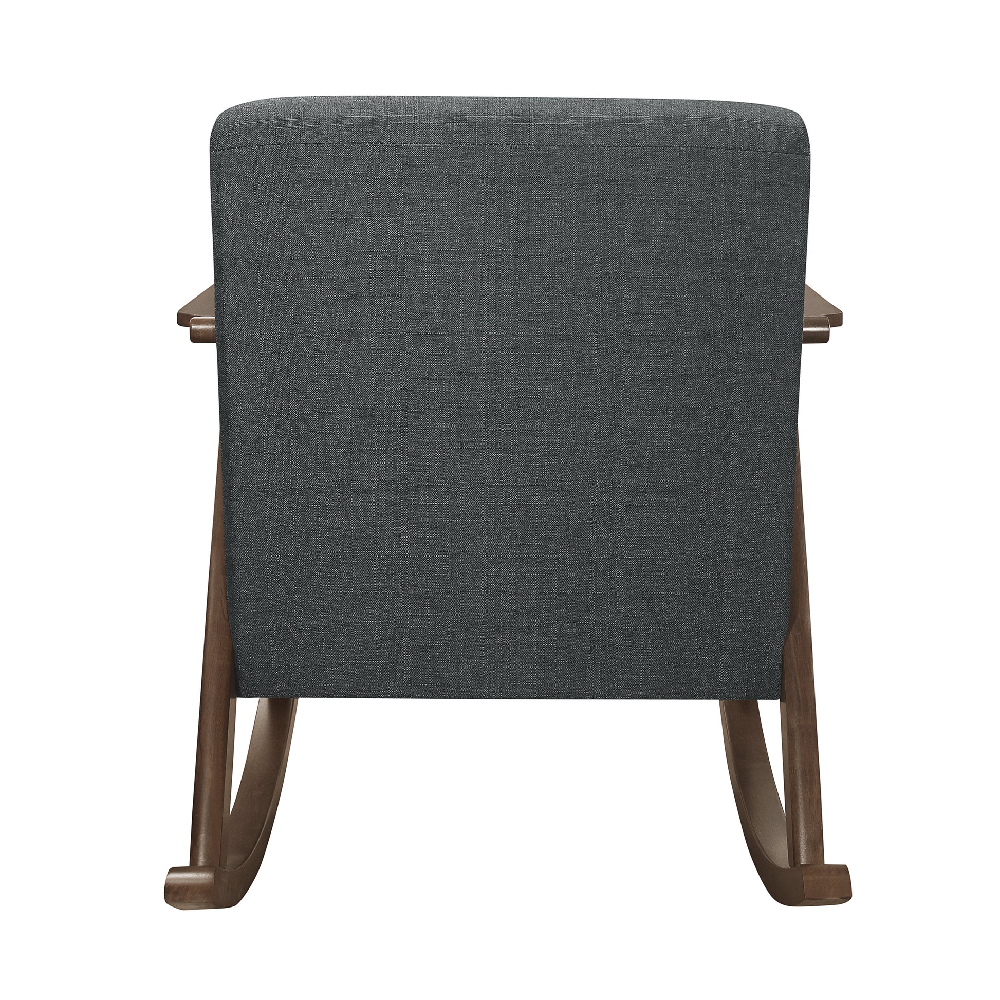 Back view of a dark grey upholstered rocking chair with wooden arms and legs