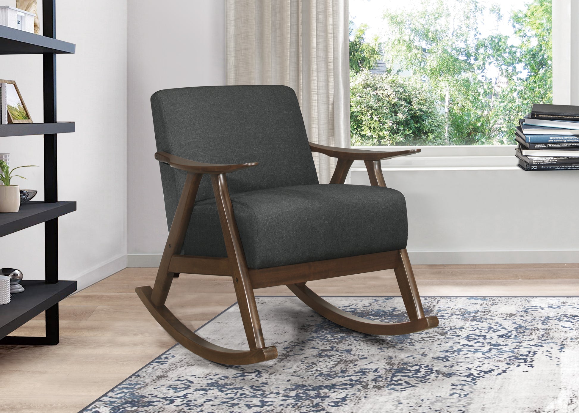 Dark gray fabric rocking chair with midcentury modern walnut wood frame