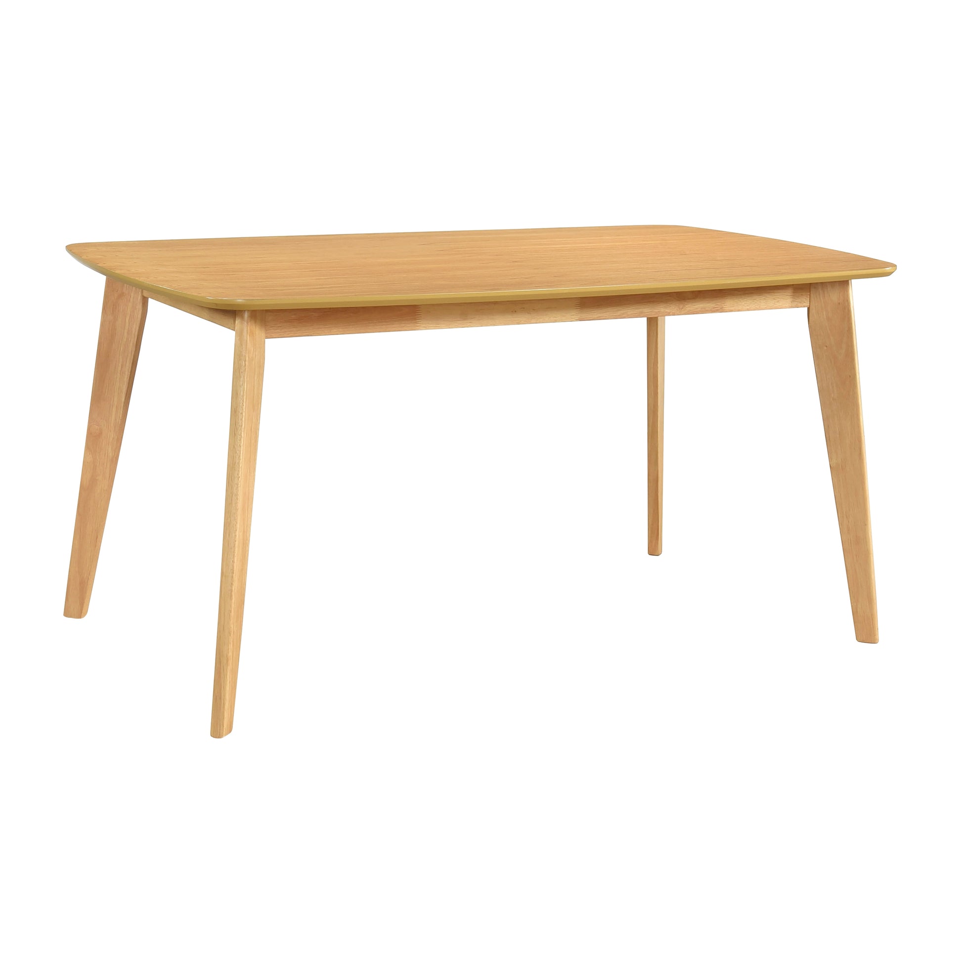 Light wood dining table with tapered legs and a rounded rectangular top