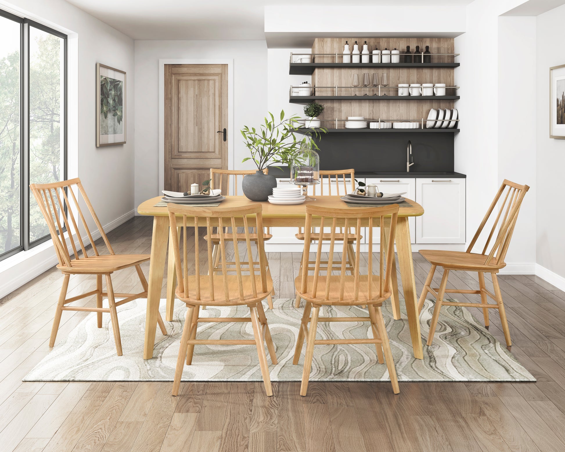 Natural wood dining table with matching spindleback chairs for a modern farmhouse aesthetic