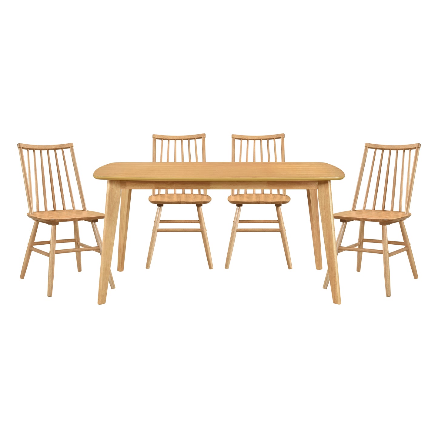 Light oak dining set with spindleback chairs and rounded rectangular table