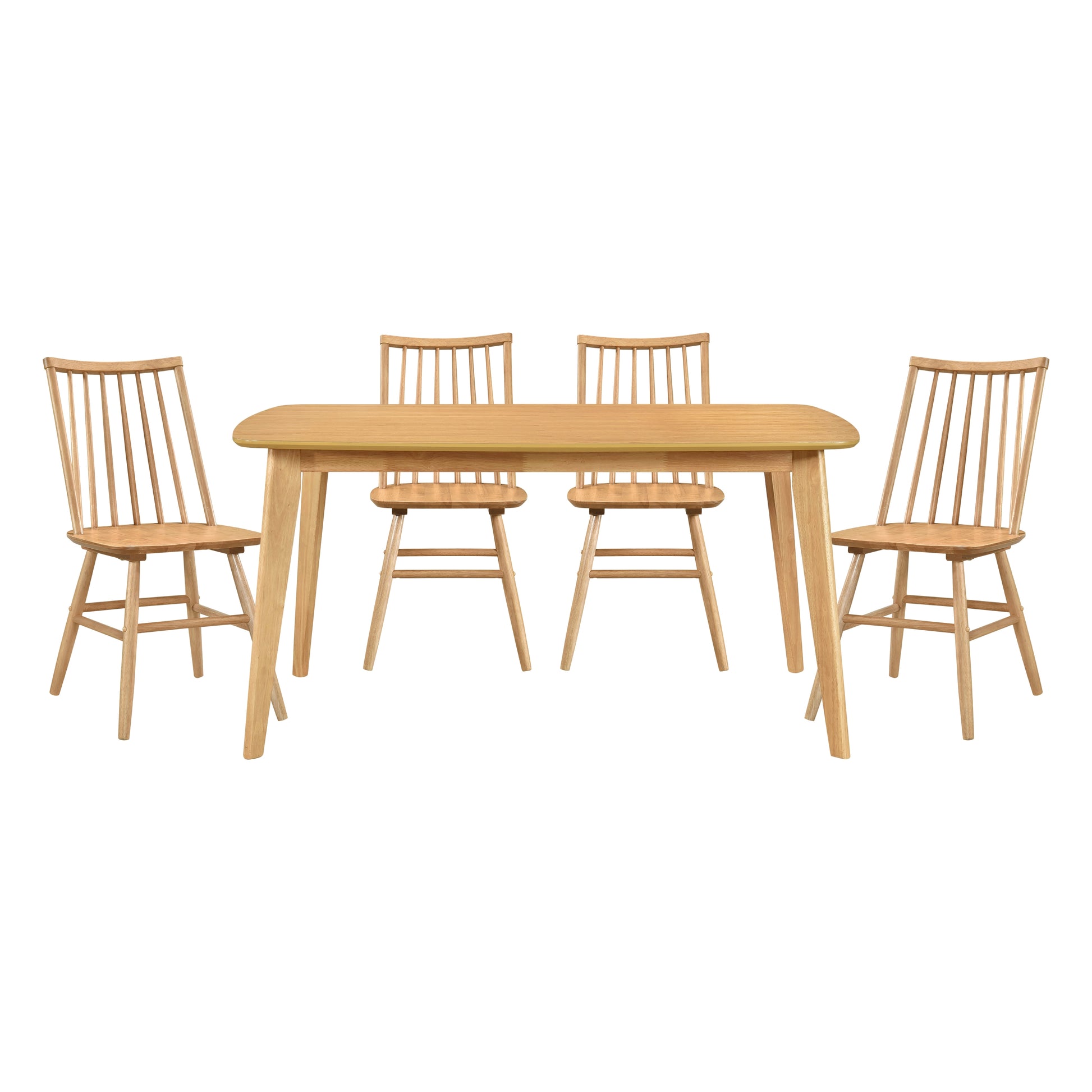 Light oak dining set with spindleback chairs and rounded rectangular table