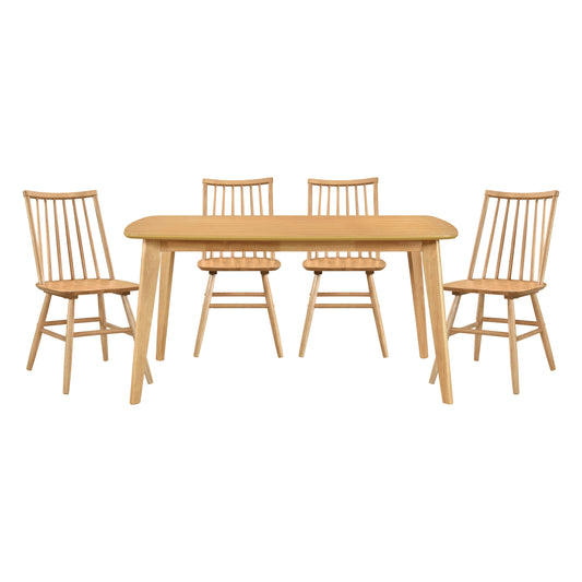Light oak dining set with spindleback chairs and rounded rectangular table
