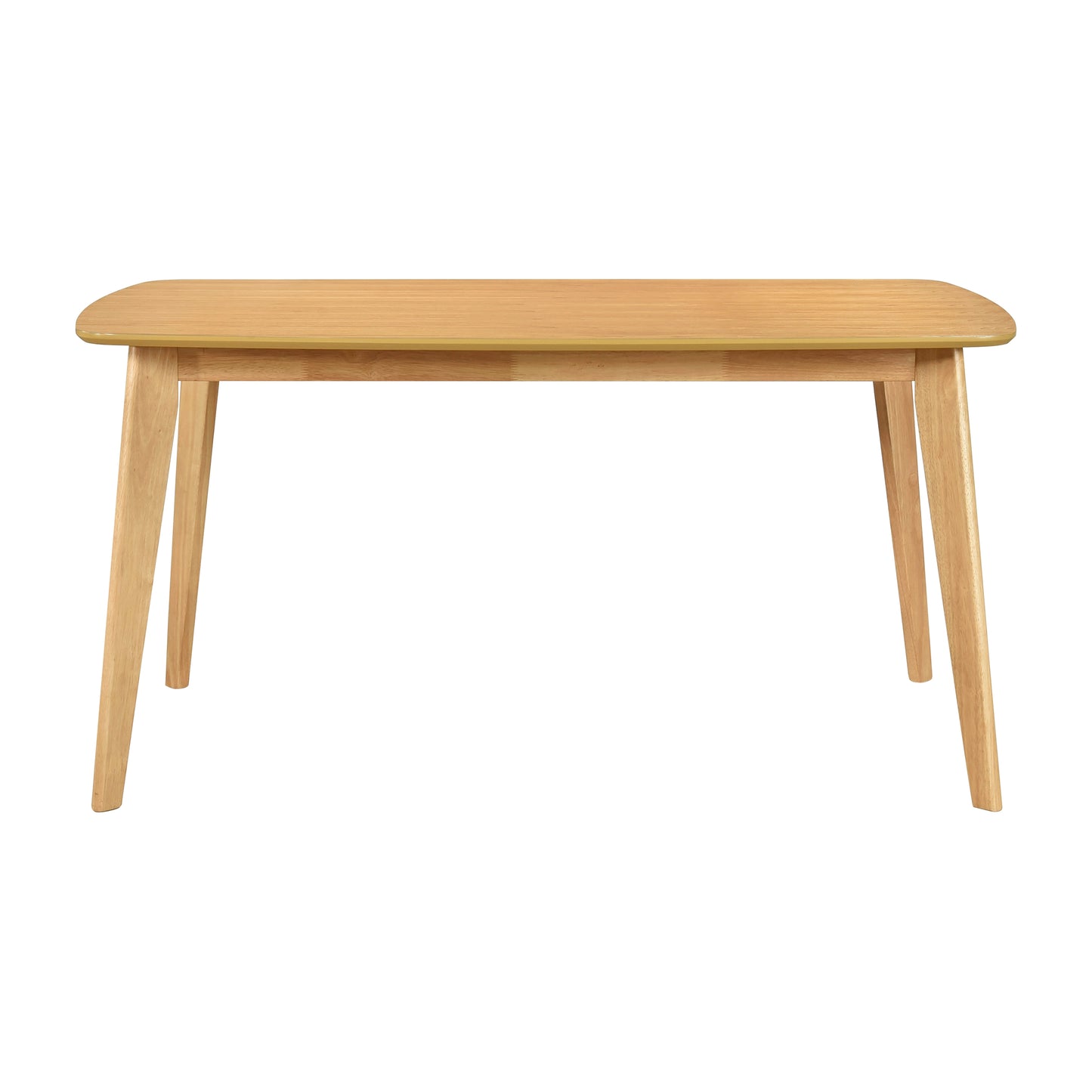 Light wood dining table with rounded corners and tapered legs