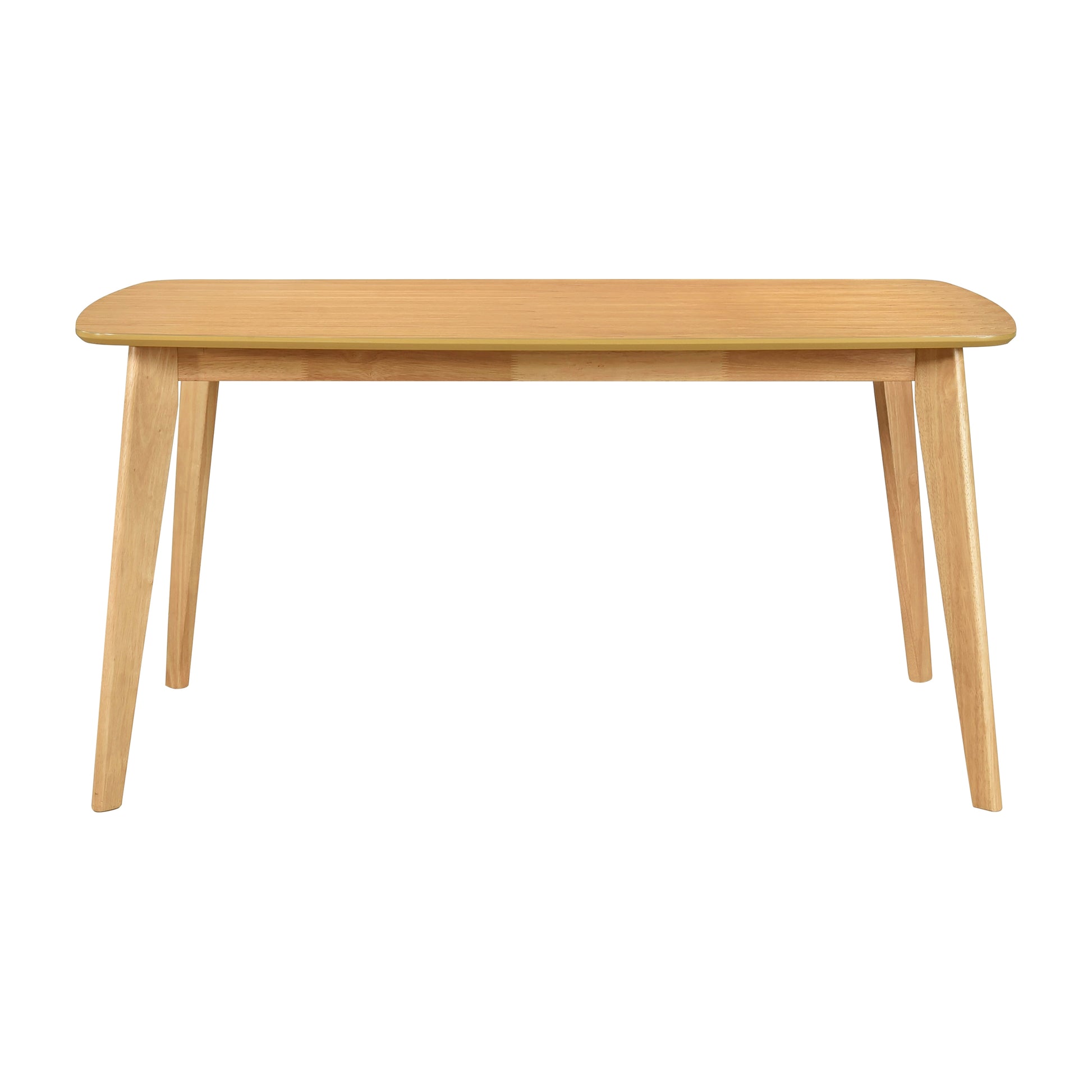 Light wood dining table with rounded corners and tapered legs