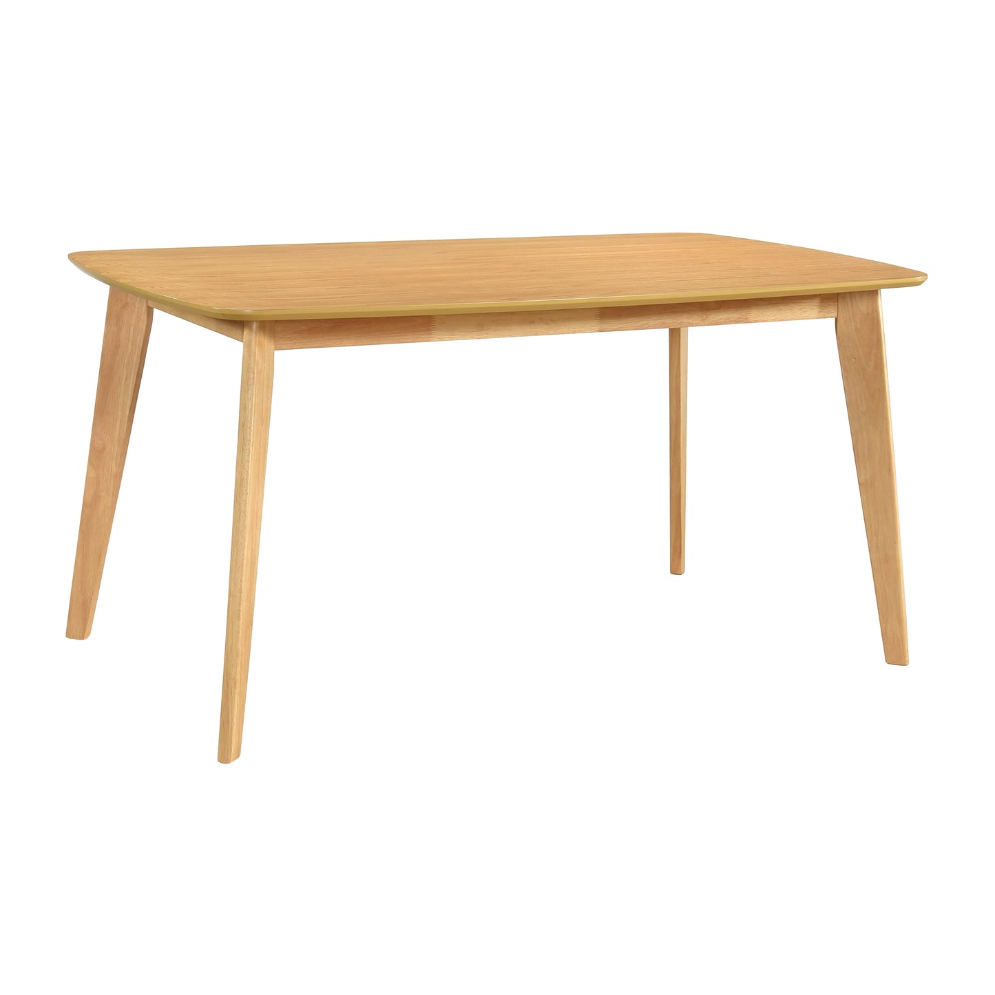 Natural wood dining table with tapered legs and a rounded rectangular top