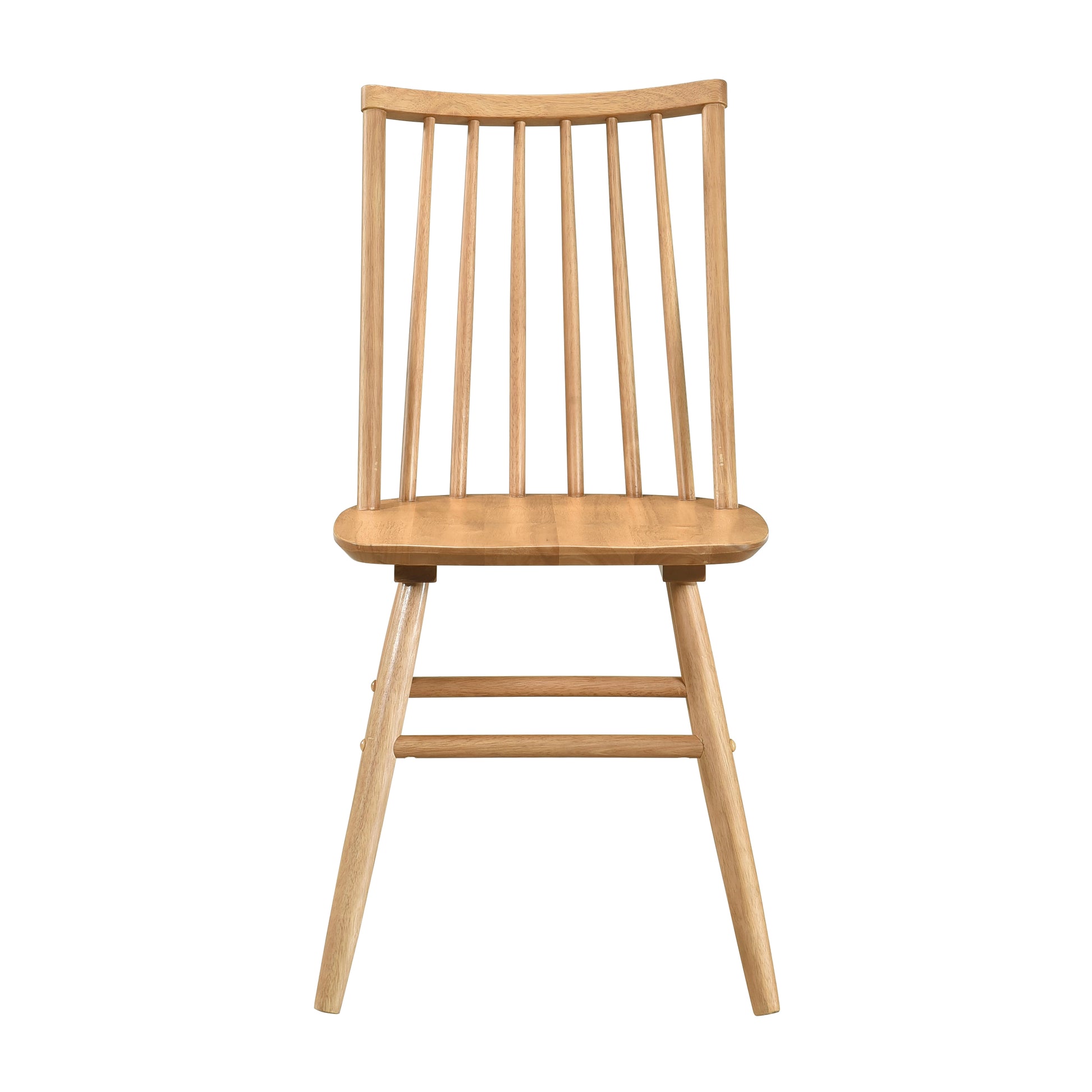 Light wood spindle back dining chair with curved seat and tapered legs