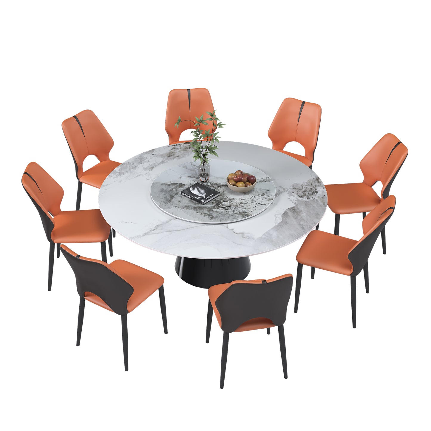 Modern dining set featuring a round marble tabletop and eight orange faux leather chairs