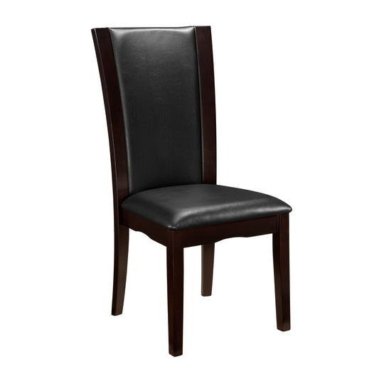 Elegant dark brown wooden dining chair with black faux leather seat and back