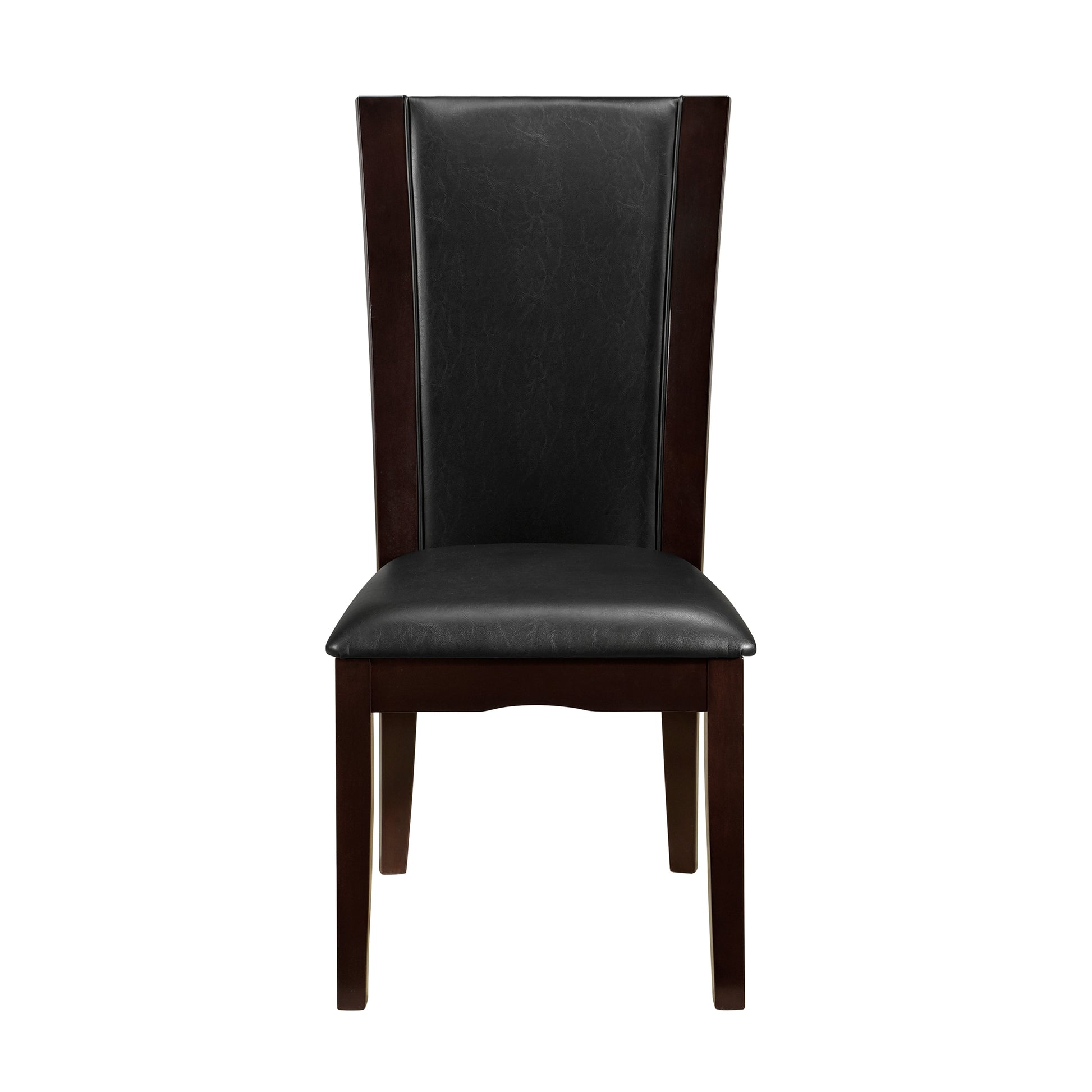 Dark brown wood dining chair with black faux leather seat and back