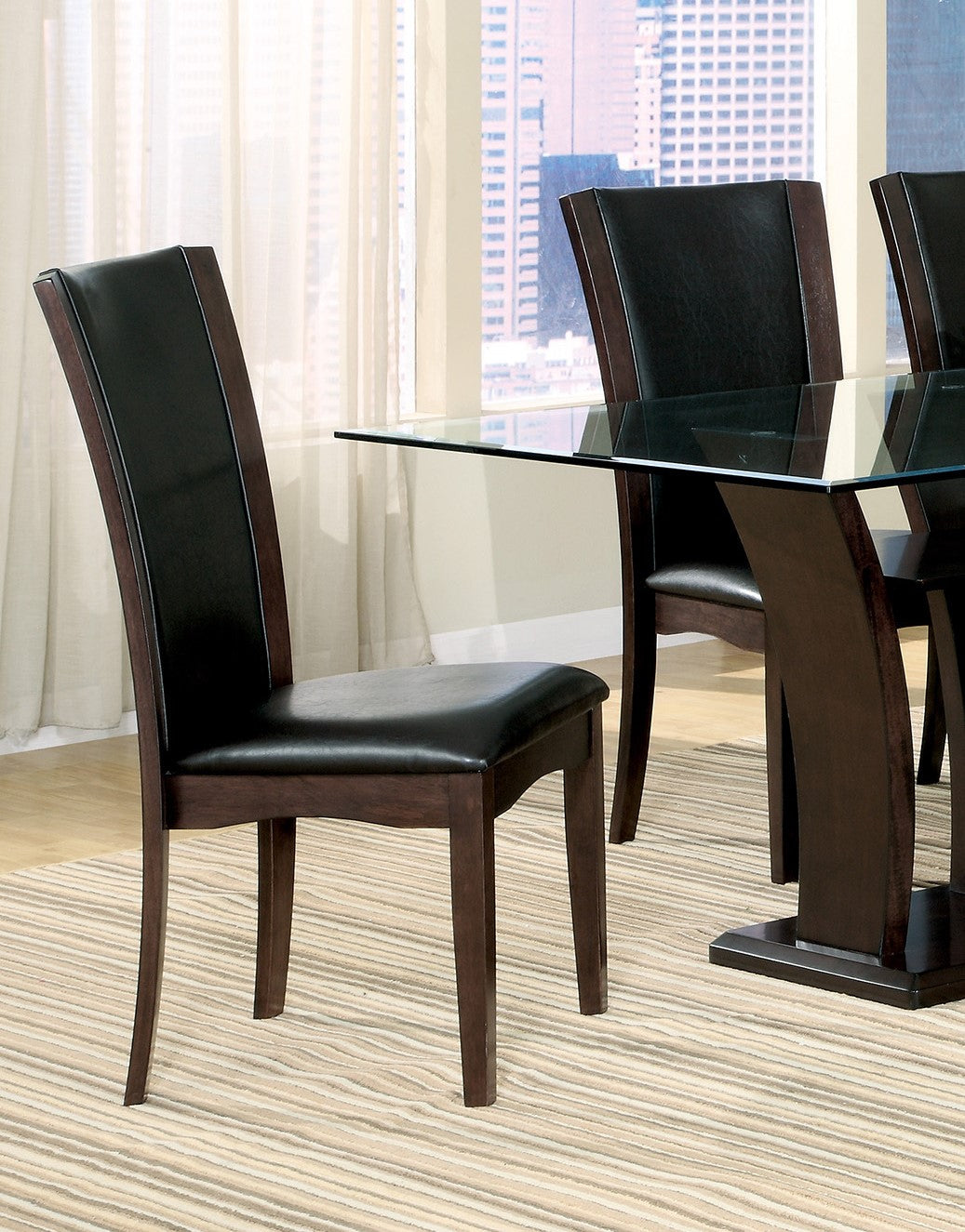 Dark brown wooden dining chair with black leather upholstery modern style