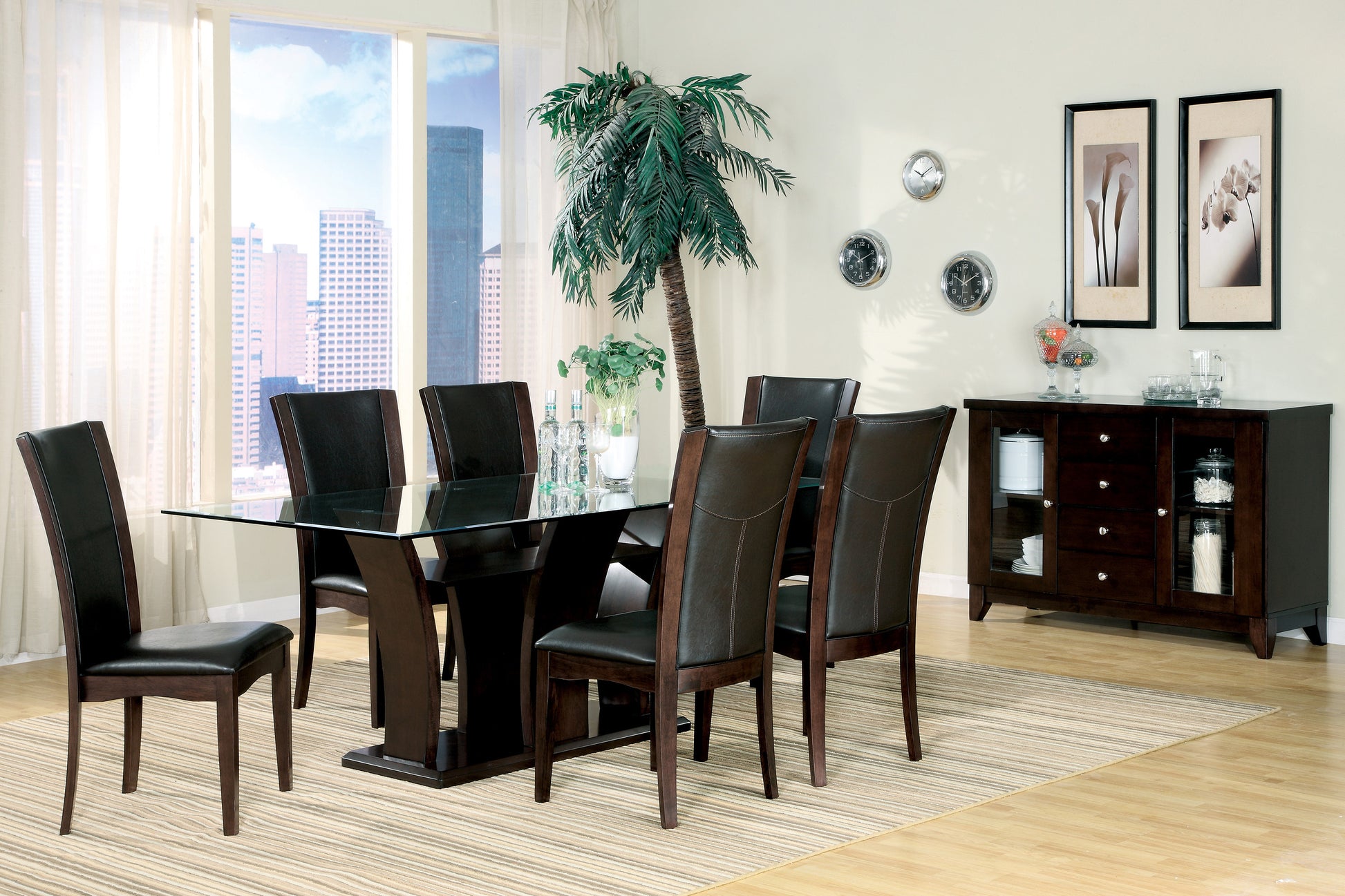 Modern glass top dining table with six dark brown faux leather chairs