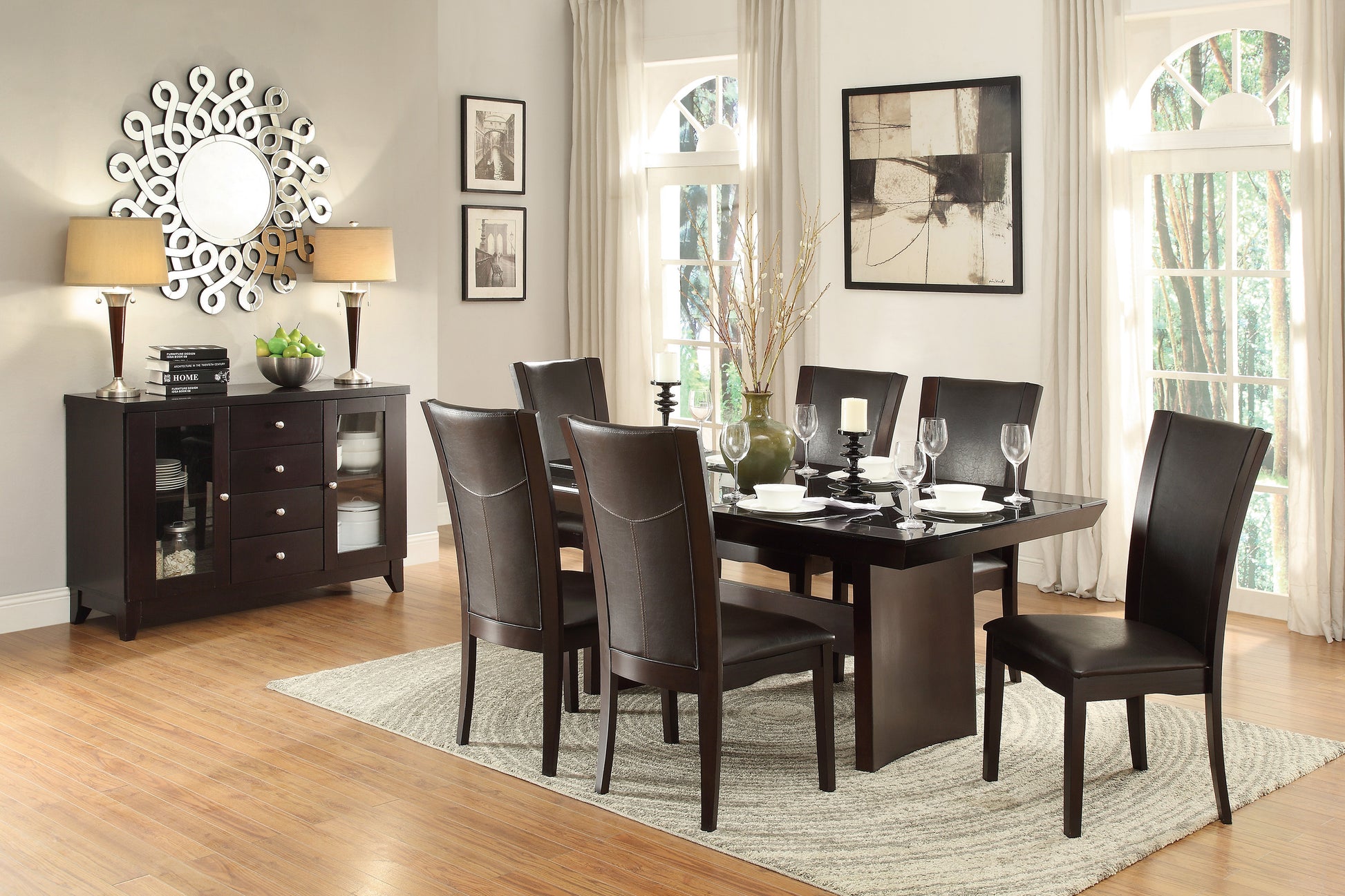 Espresso dining table with glass top and dark brown faux leather chairs for six