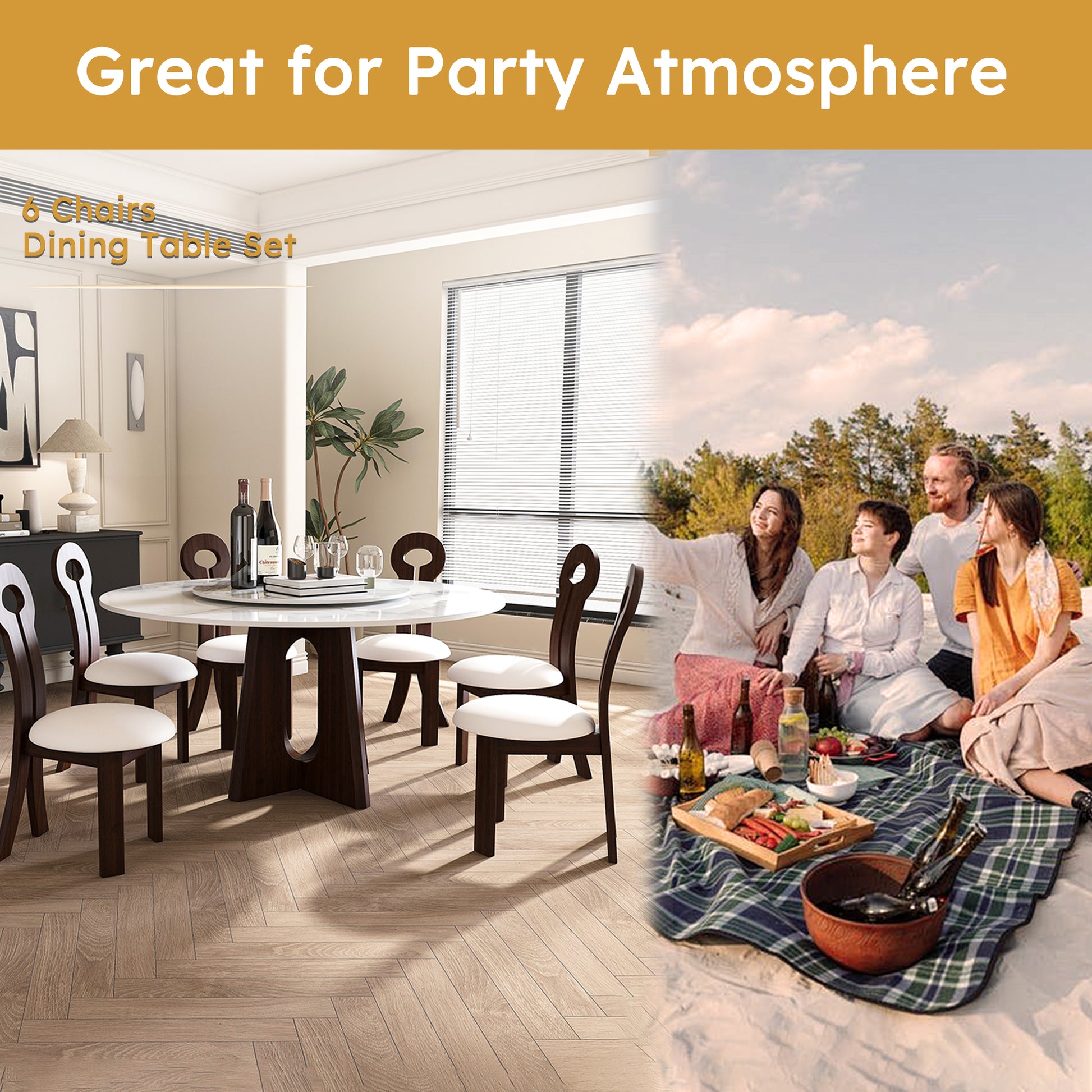Round marble top dining table with six dark wood chairs ideal for family gatherings