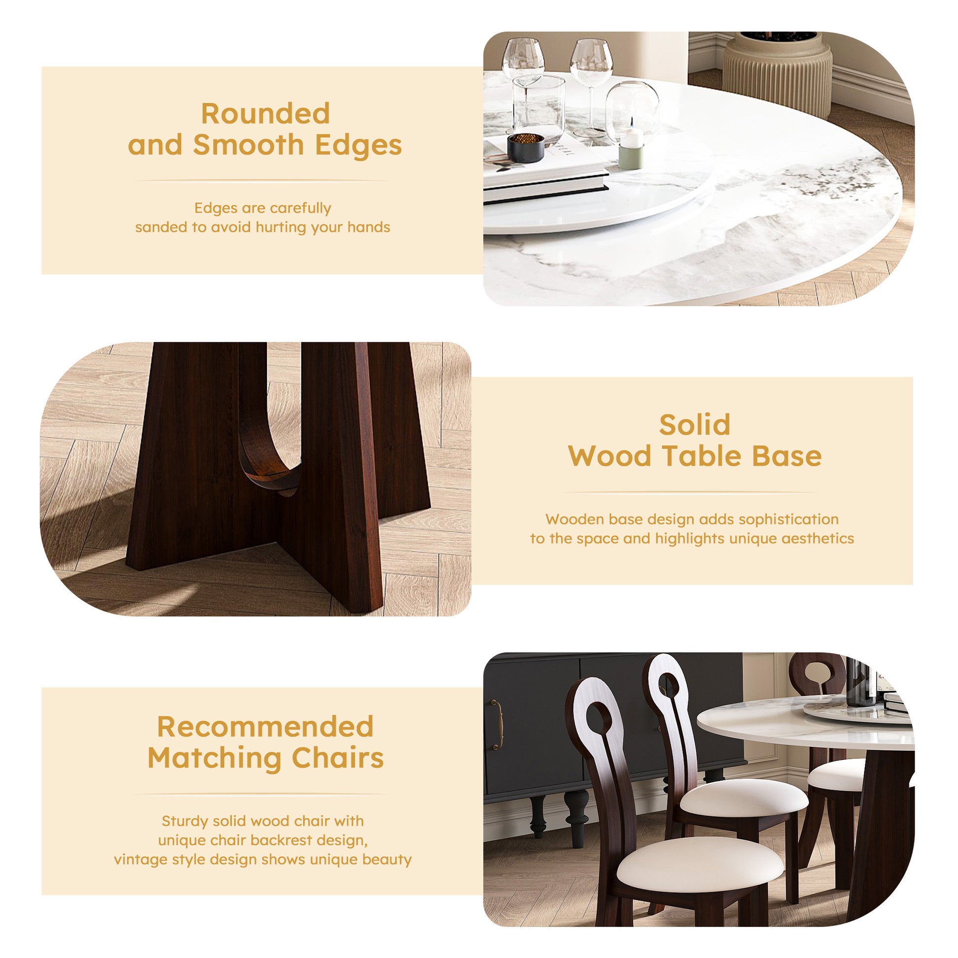 Round white marble dining table with smooth rounded edges for safety