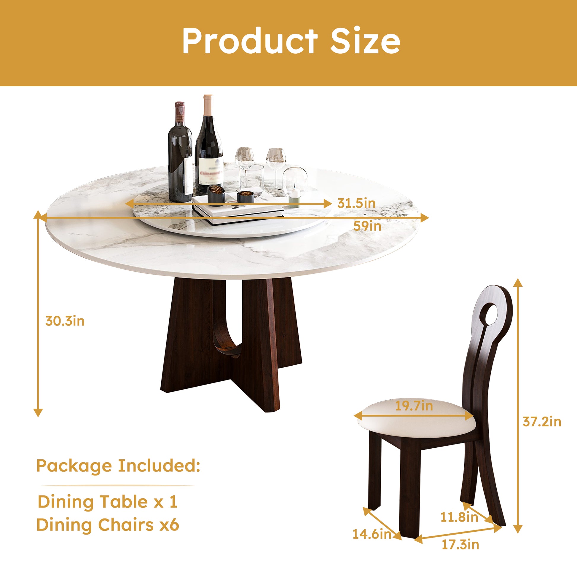 Marble top dining table with dark wood base in diameter and in height