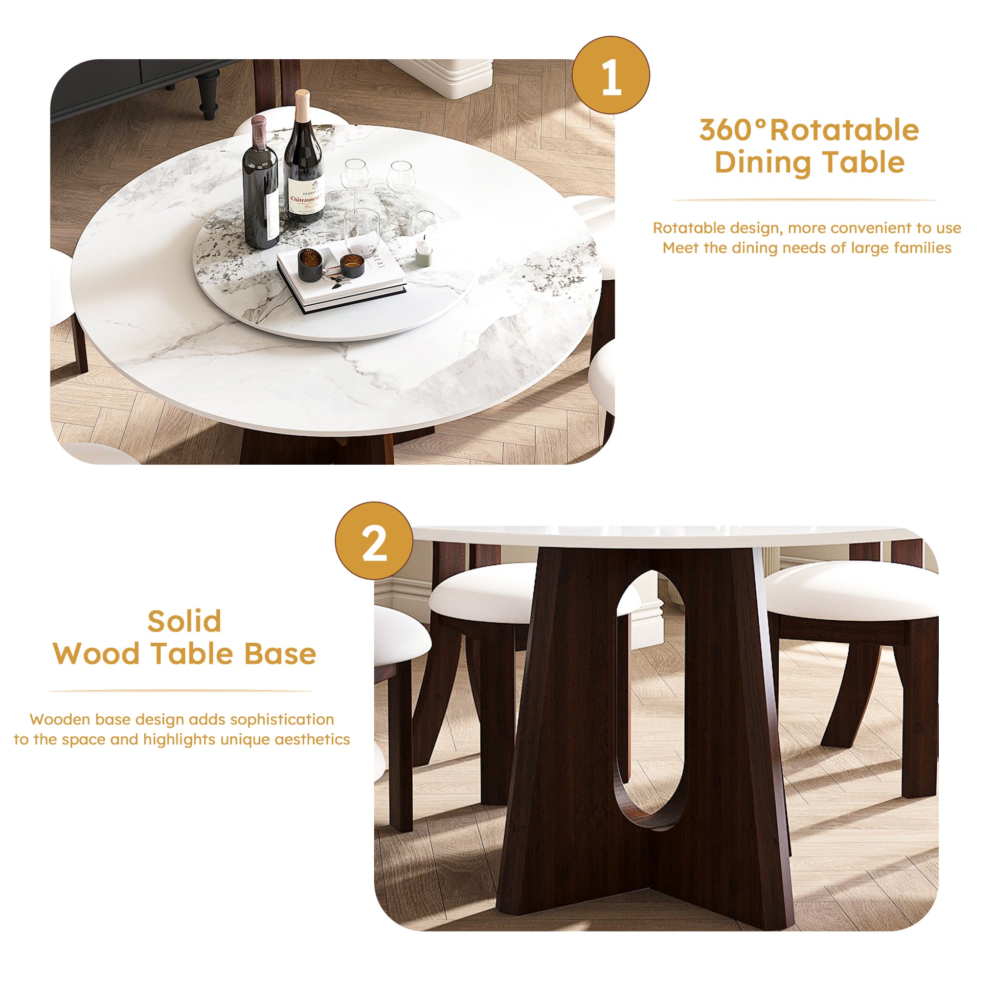 White marble top dining table with a degree rotating lazy susan