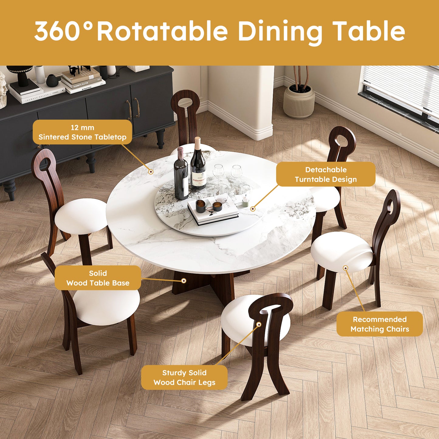 Round sintered stone dining table with white top solid wood base and detachable turntable