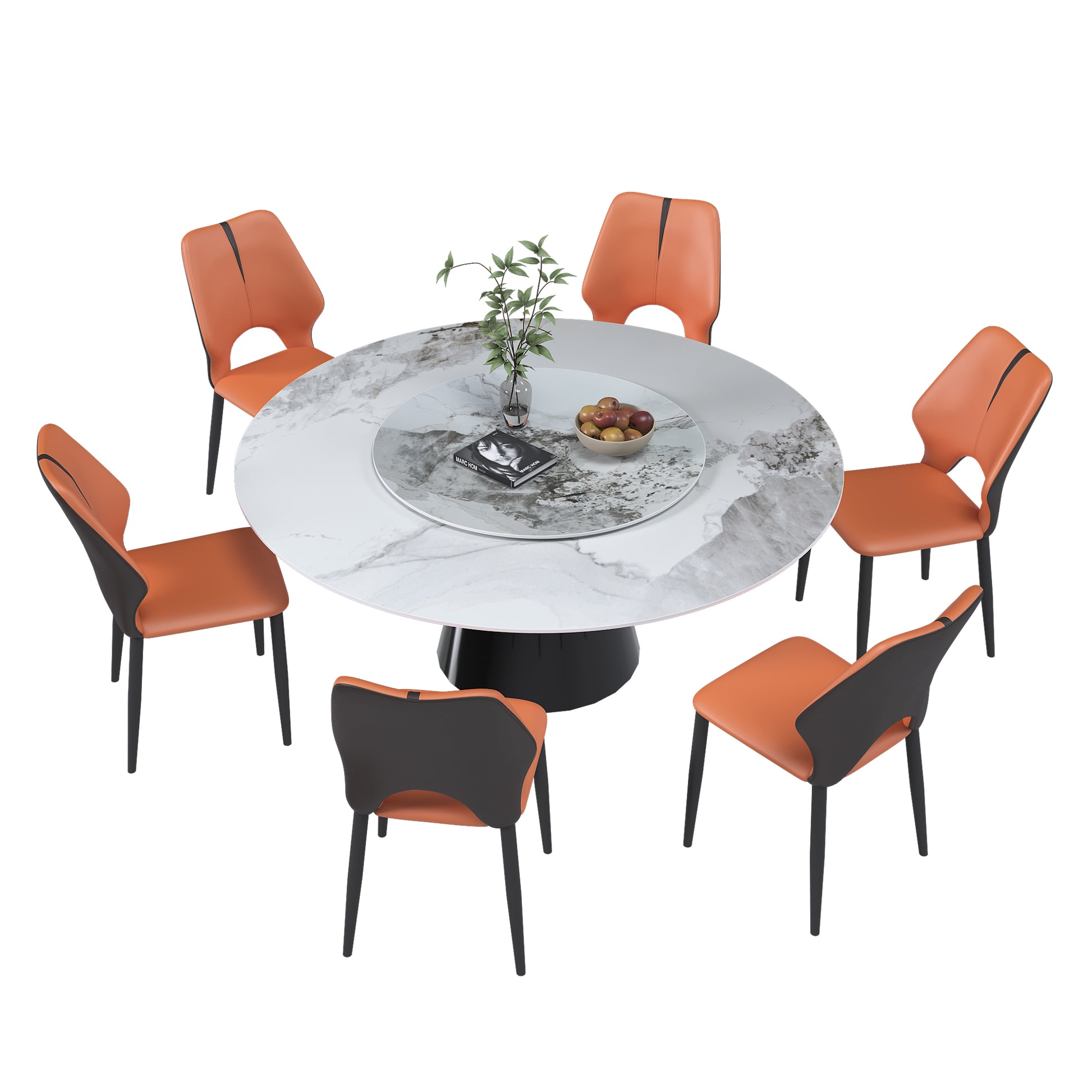 Round marble dining table with six orange upholstered chairs with black accents