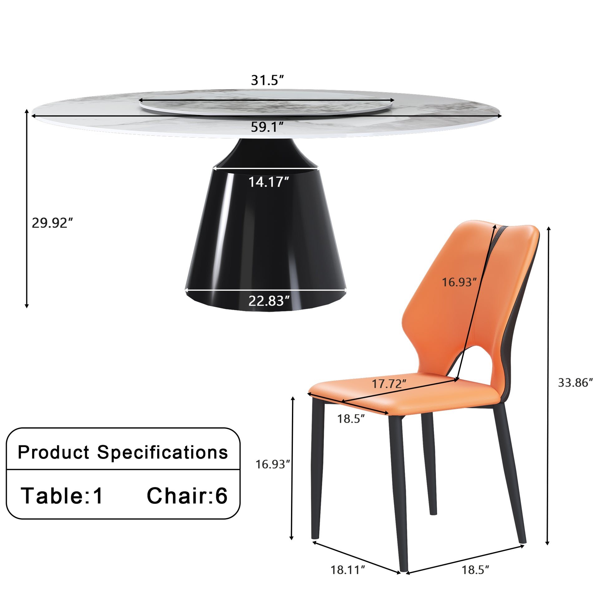 Marble top dining table with black cone base and dimensions shown