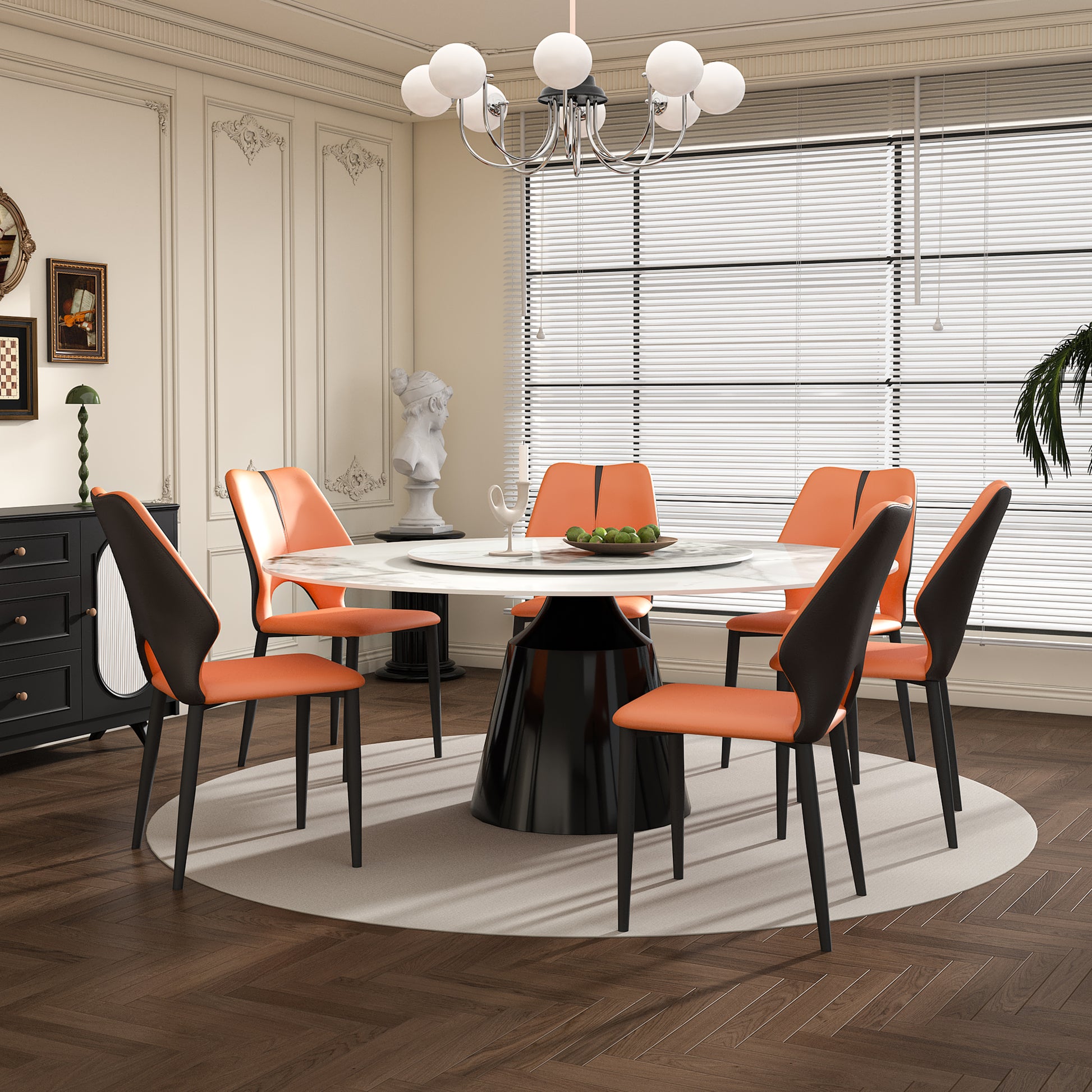 Orange and black leather dining chairs with black metal legs set of