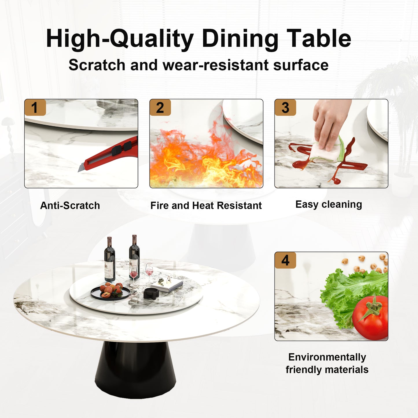 Round marble dining table with black pedestal base serving wine and fruit