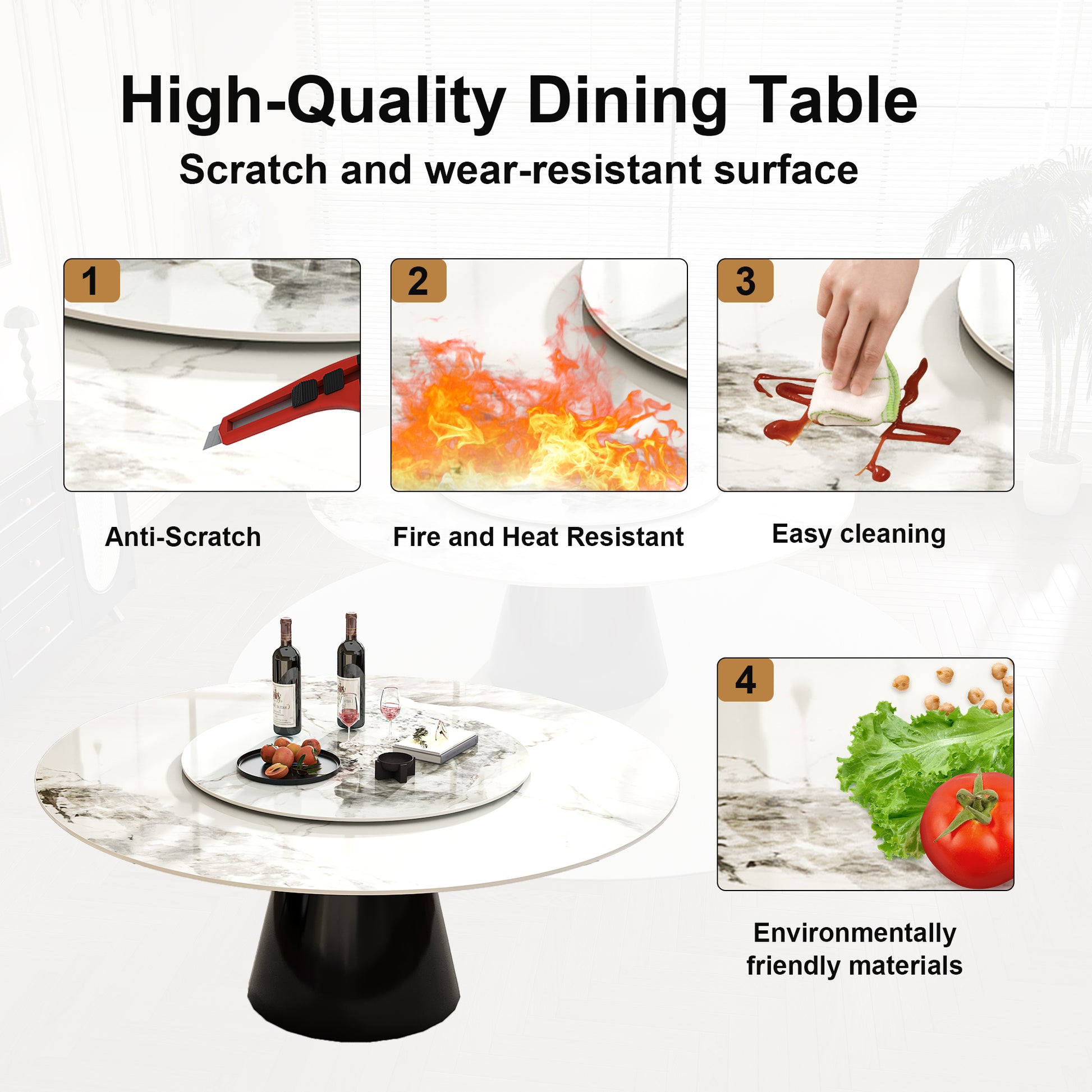 Round marble dining table with black pedestal base serving wine and fruit