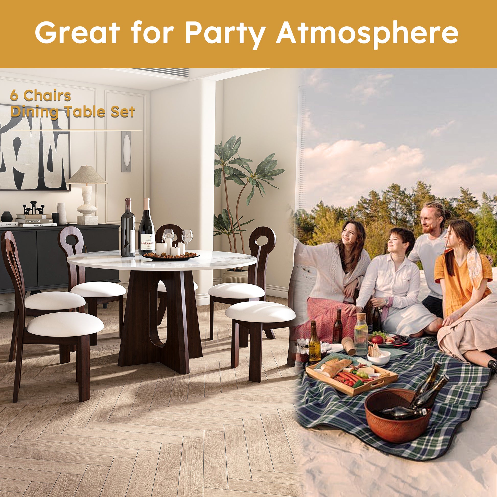 Modern marble top dining table set with six dark wood chairs for family meals