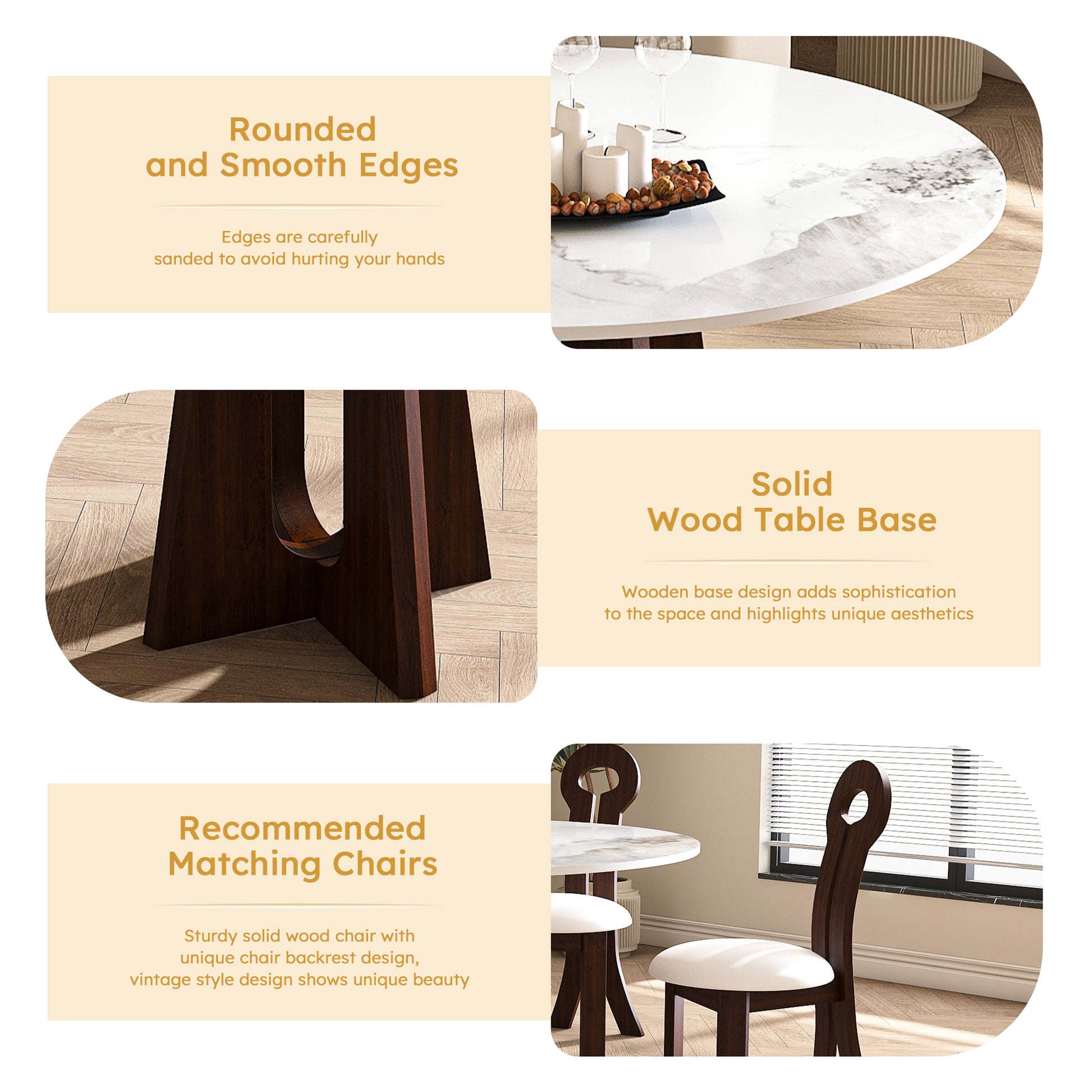 Round white marble dining table with smooth rounded edges for safety